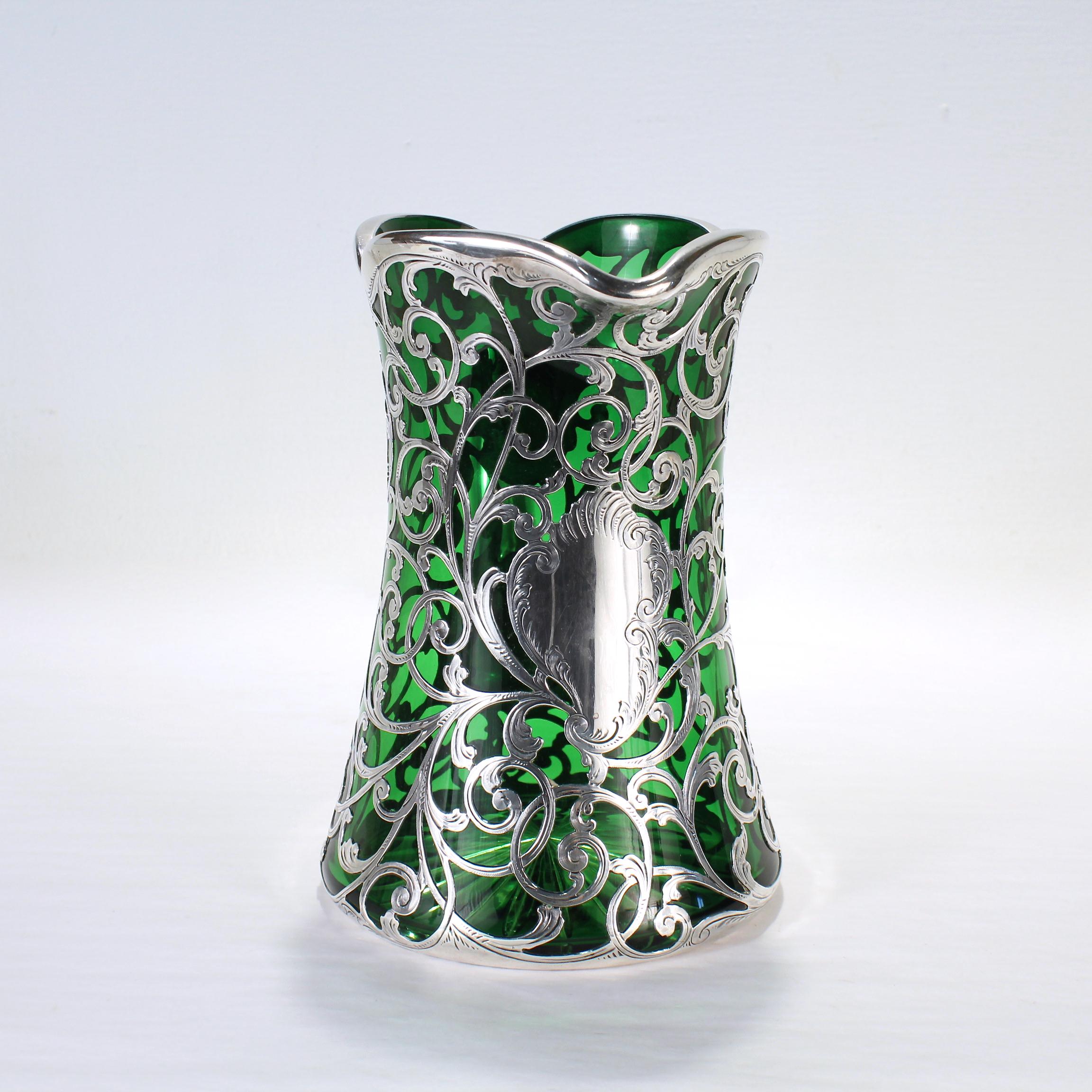 Women's or Men's Antique Gorham Green Glass & Sterling Silver Overlay Water or Cocktail Pitcher