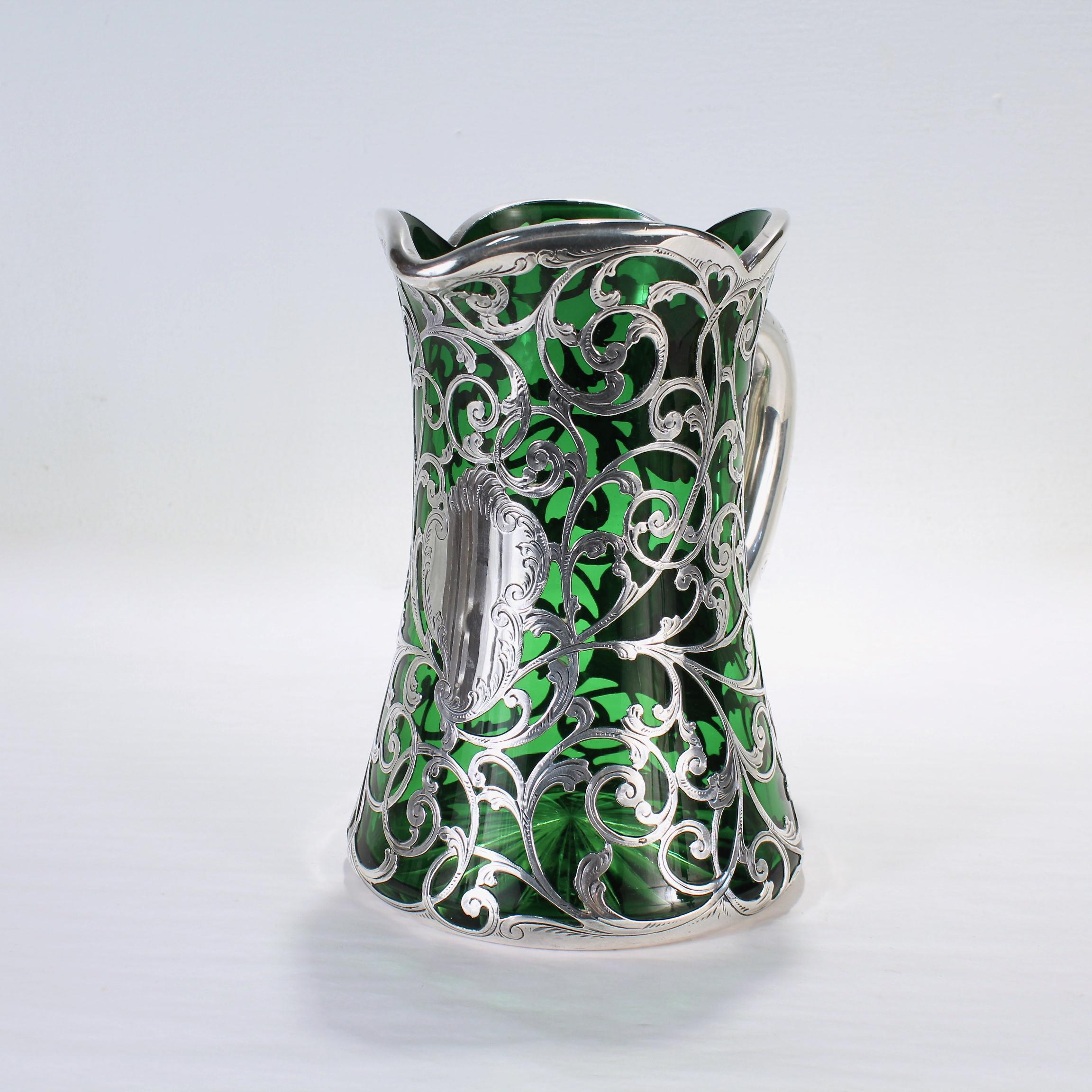 Antique Gorham Green Glass & Sterling Silver Overlay Water or Cocktail Pitcher 2
