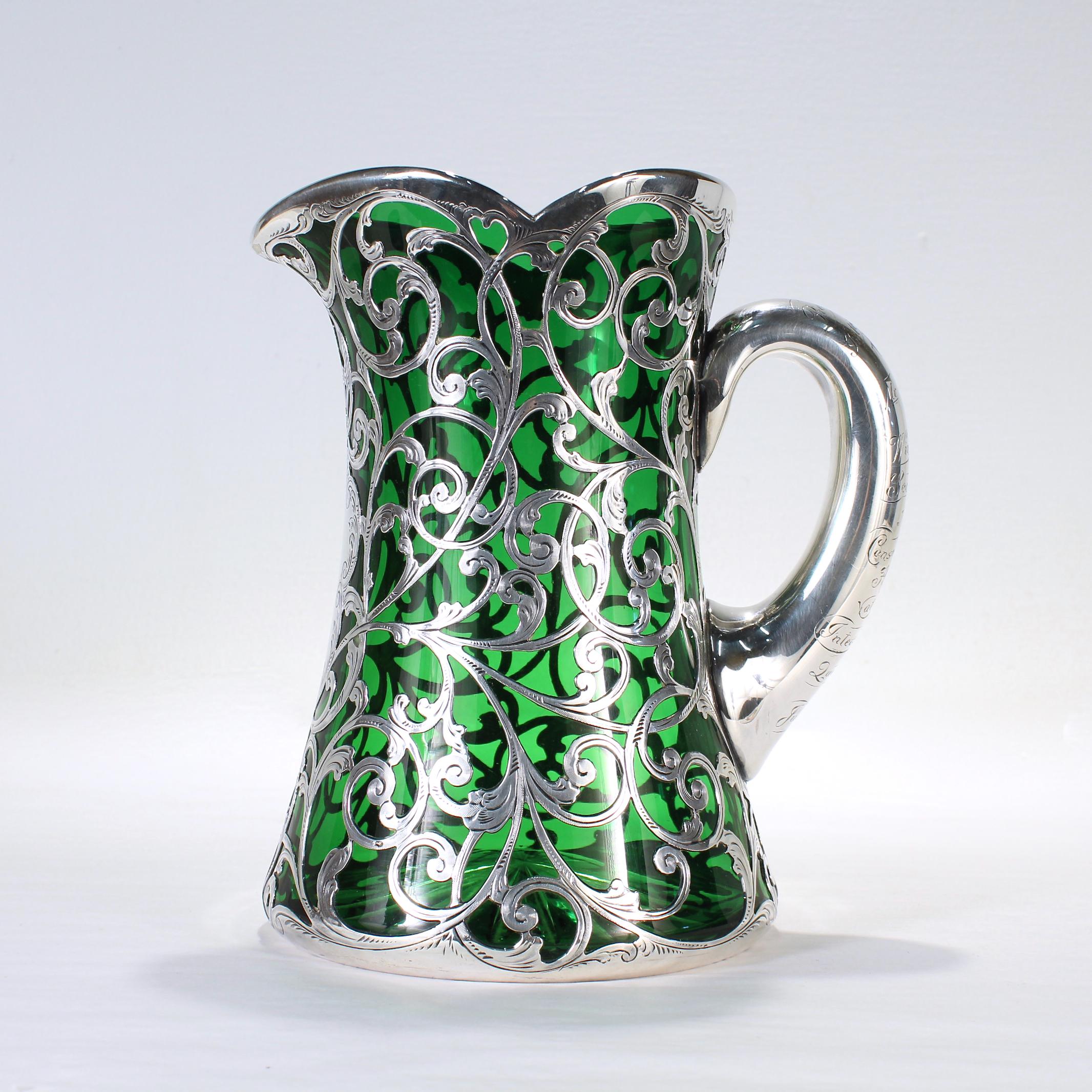 Antique Gorham Green Glass & Sterling Silver Overlay Water or Cocktail Pitcher 3