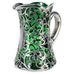 Antique Gorham Green Glass & Sterling Silver Overlay Water or Cocktail Pitcher