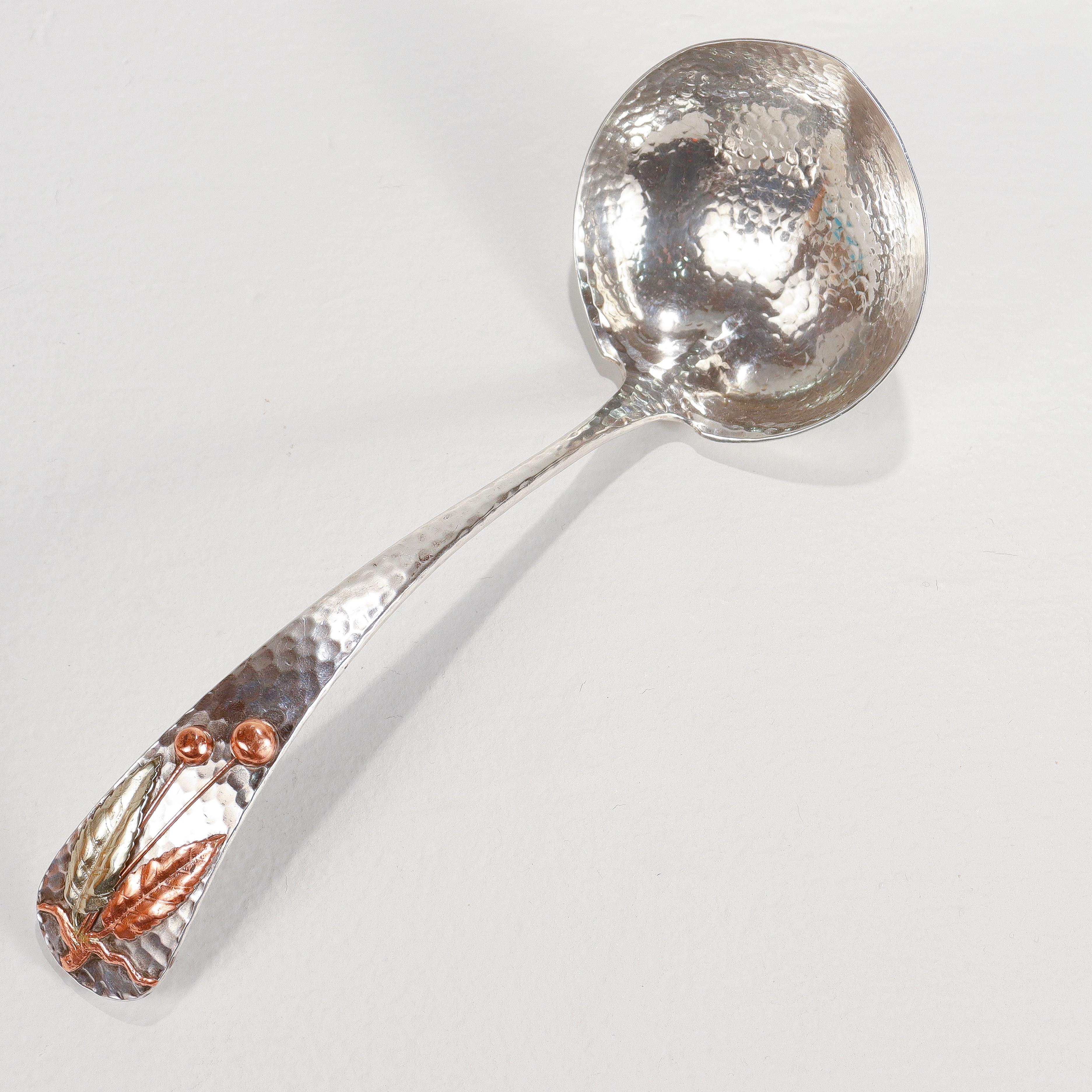 A fine antique silver and 'other' metals ladle.

By Gorham.

In sterling silver copper with applied copper and gilt silver leaves & cherries.

With a hand-hammered surface.

Simply a wonderful Gorham mixed metals ladle!

Date:
1880s

Overall