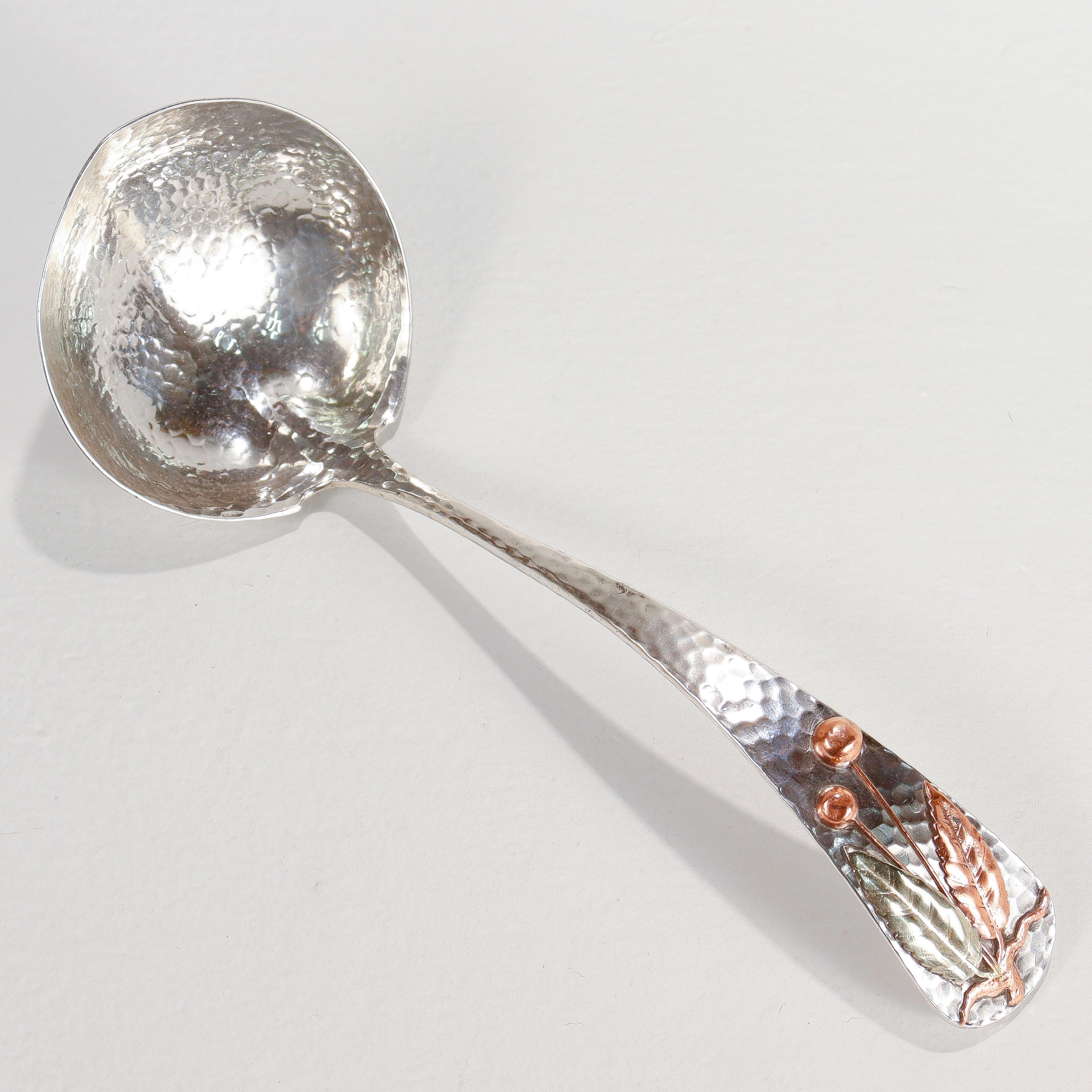 Antique Gorham Hand-Hammered Sterling Silver & Mixed Metals Sauce Ladle In Good Condition For Sale In Philadelphia, PA