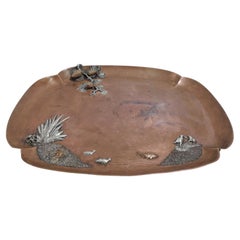Antikes antikes Gorham Japonesque-Tablett aus gemischtem Metall und Kupfer mit Kiefernholz