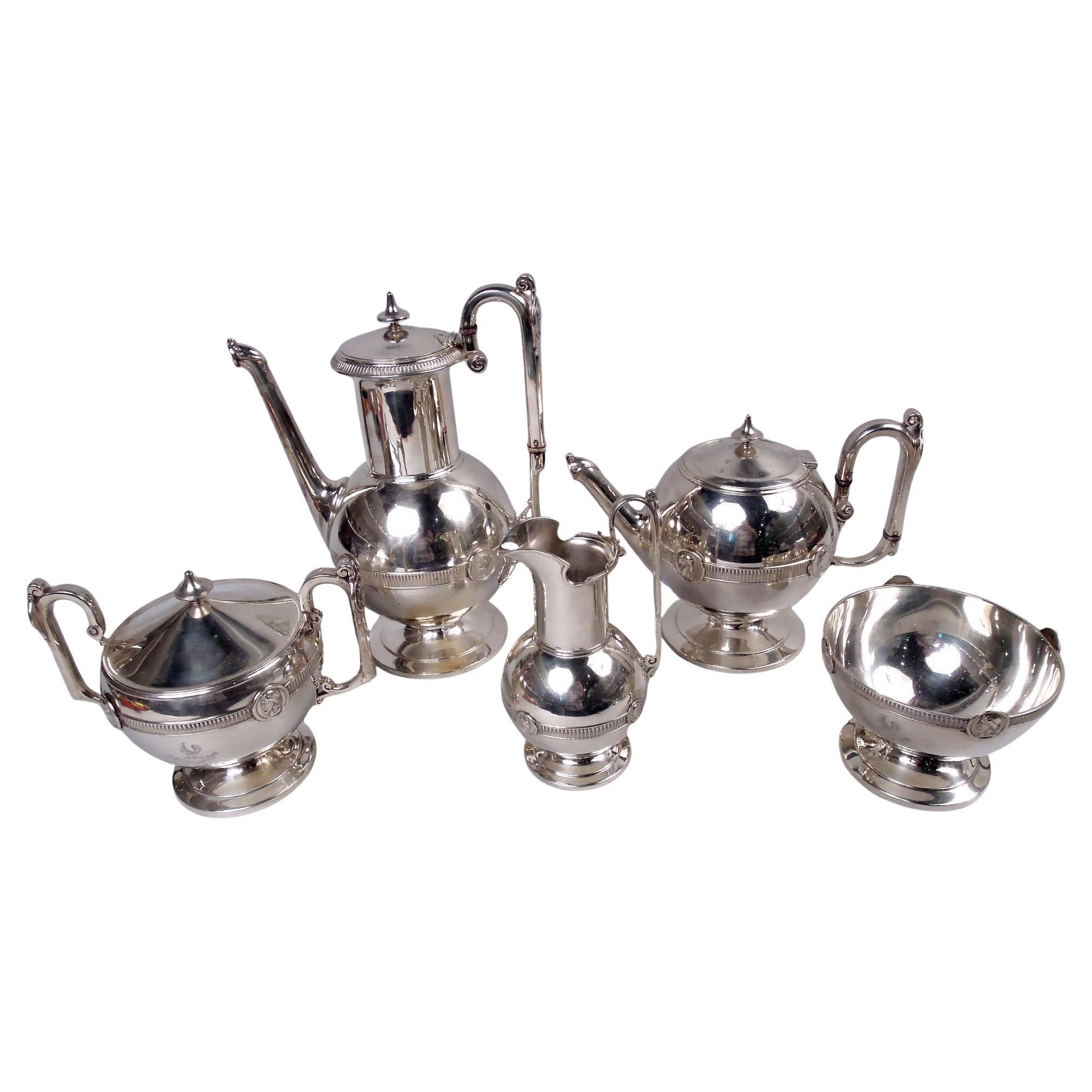Antique Gorham Medallion Coin Silver 5-Piece Coffee & Tea Set For Sale