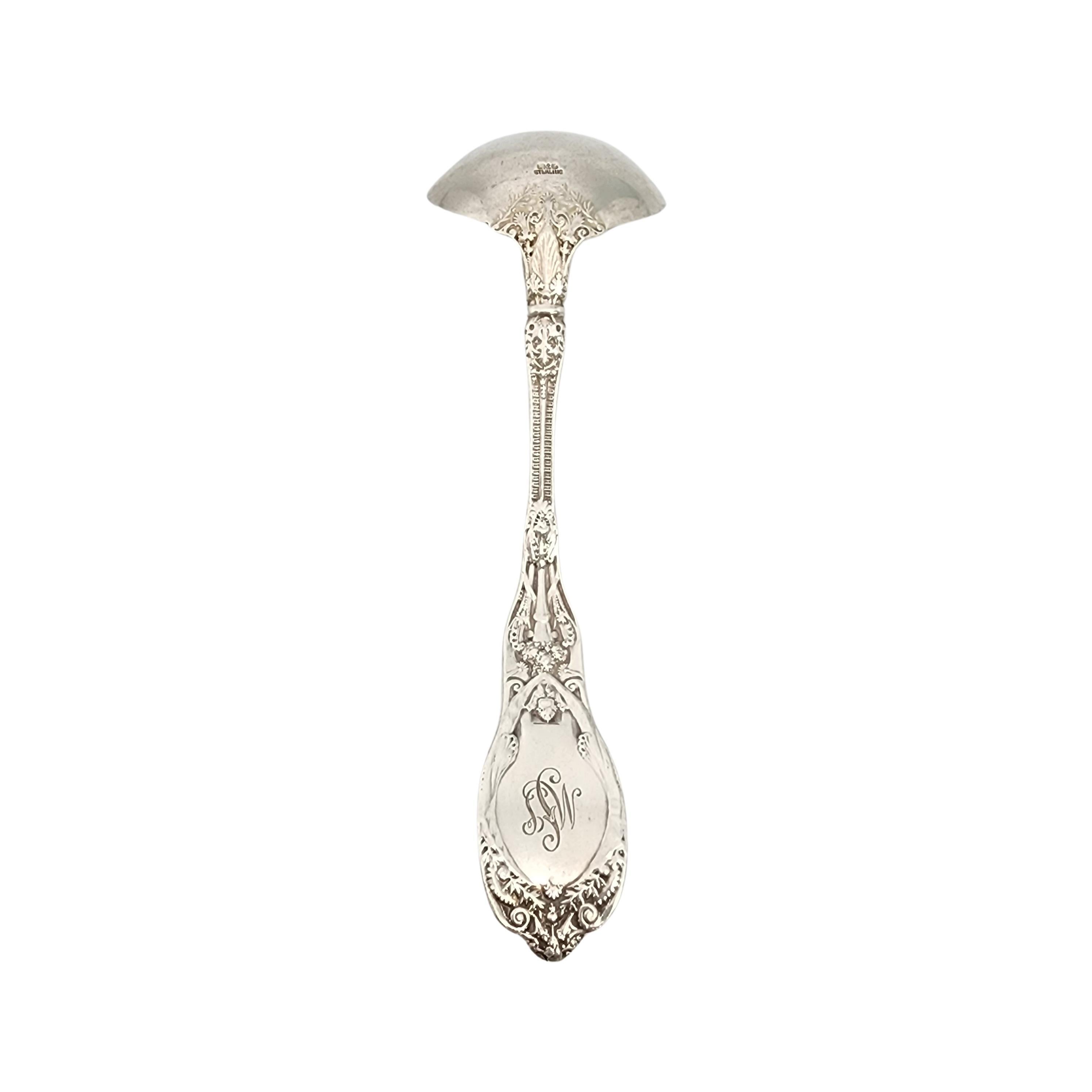 Antique sterling silver cream ladle in the Mythologique pattern by Gorham.

Monogram appears to be MSJ (see photo).

Designed by F. Antoine Heller in 1894, Gorham's Mythologique pattern is an intricate, multi-motif pattern that ornately depicts