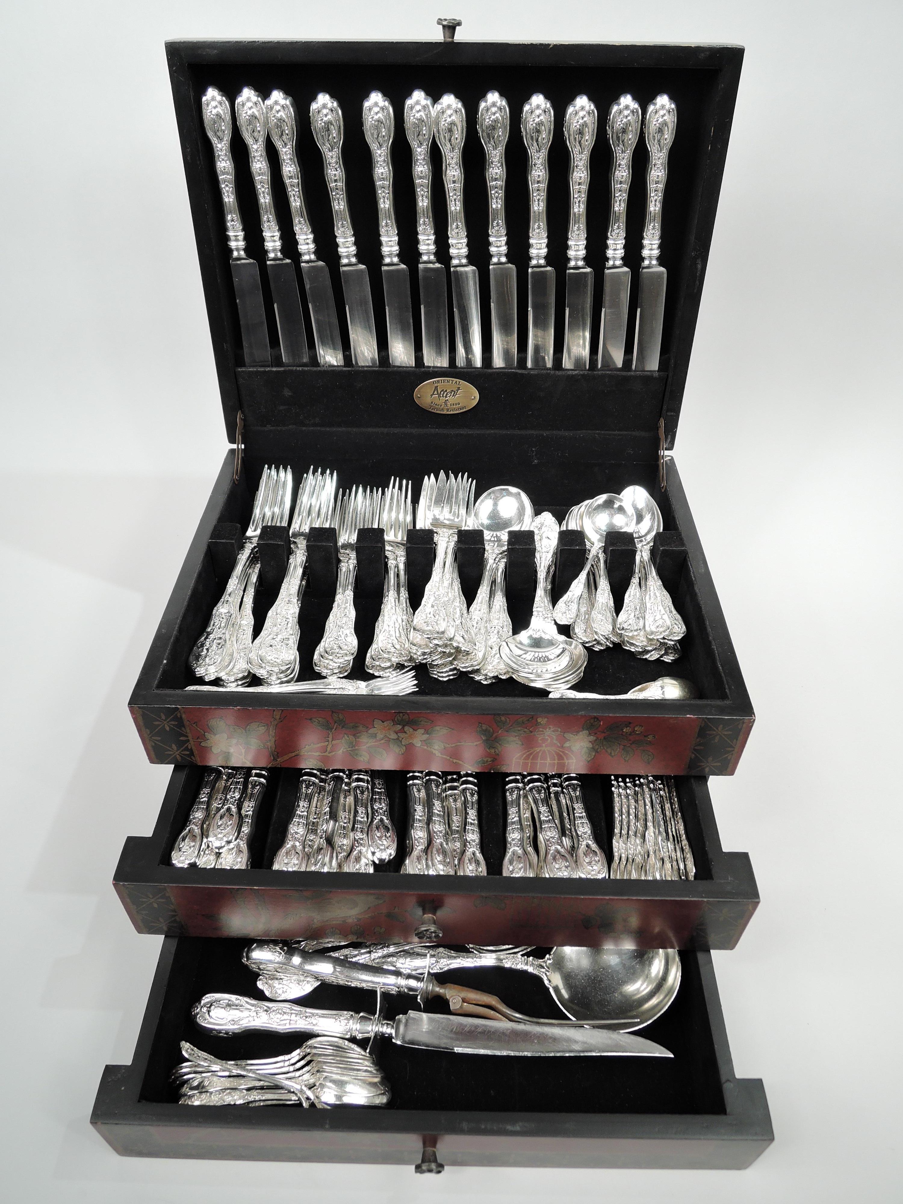 Mythologique sterling silver dinner and luncheon set. Made by Gorham in Providence, ca 1920. This set comprises 162 pieces (dimensions in inches):

Forks: 12 dinner forks (8), 12 luncheon forks (7/18), 12 salad forks (7), and 11 seafood forks (6);