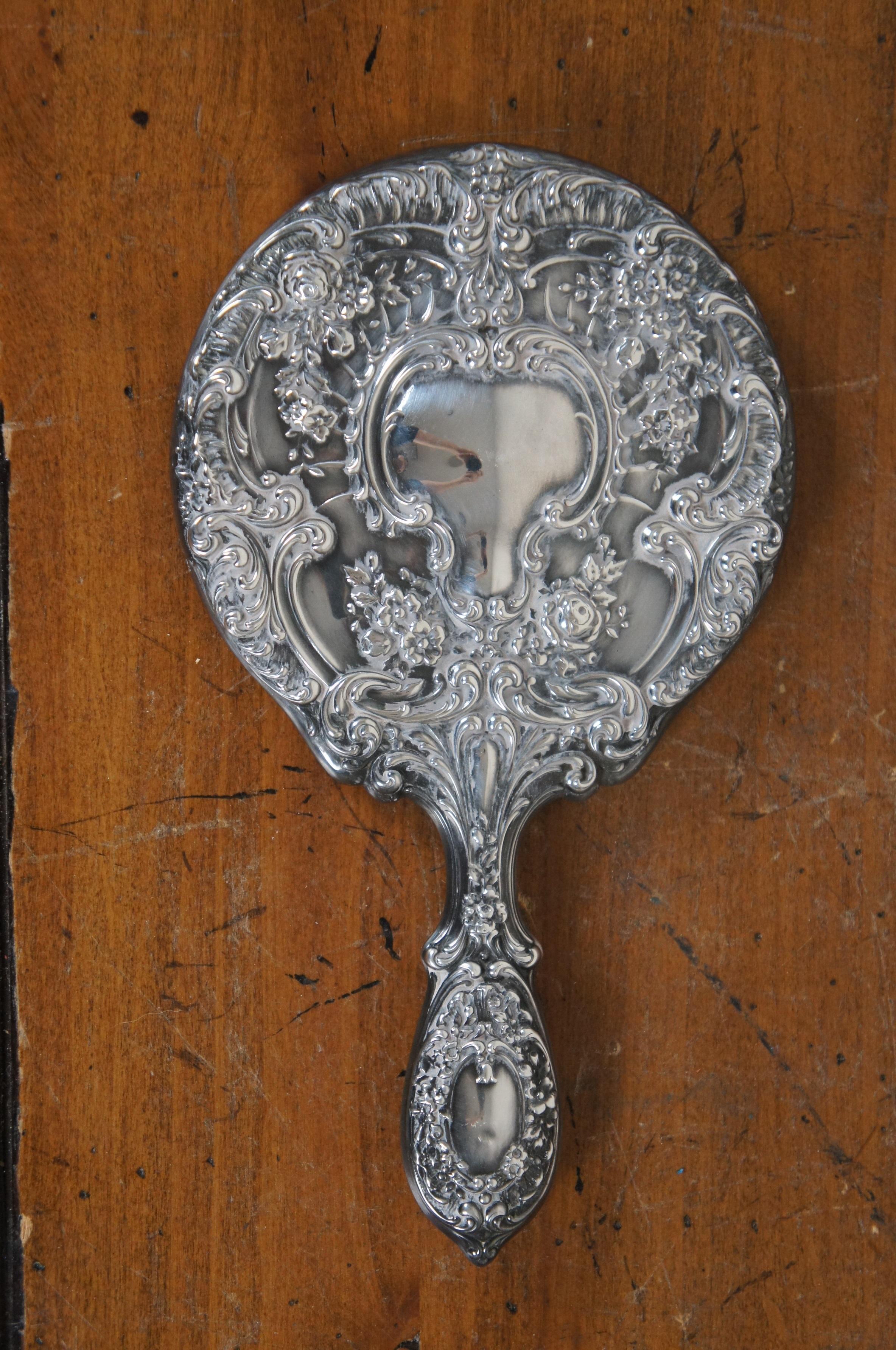 20th Century Antique Gorham Repousse Sterling Silver #23 Buttercup Hand Vanity Mirror 10