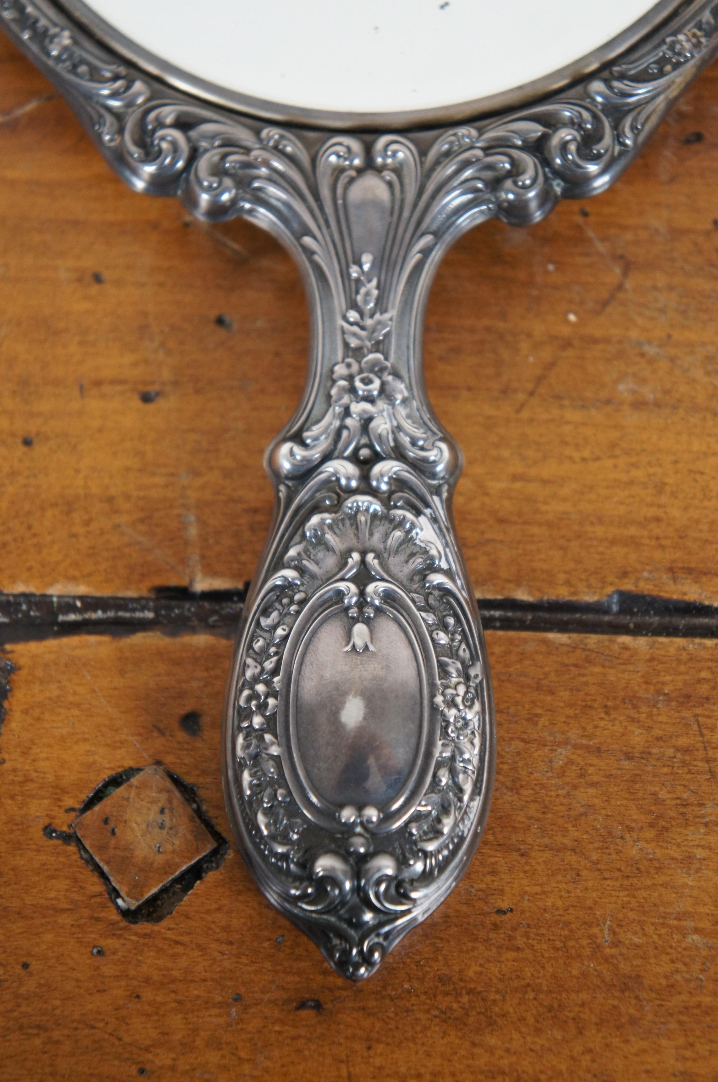 Antique Gorham Repousse Sterling Silver #23 Buttercup Hand Vanity Mirror 10