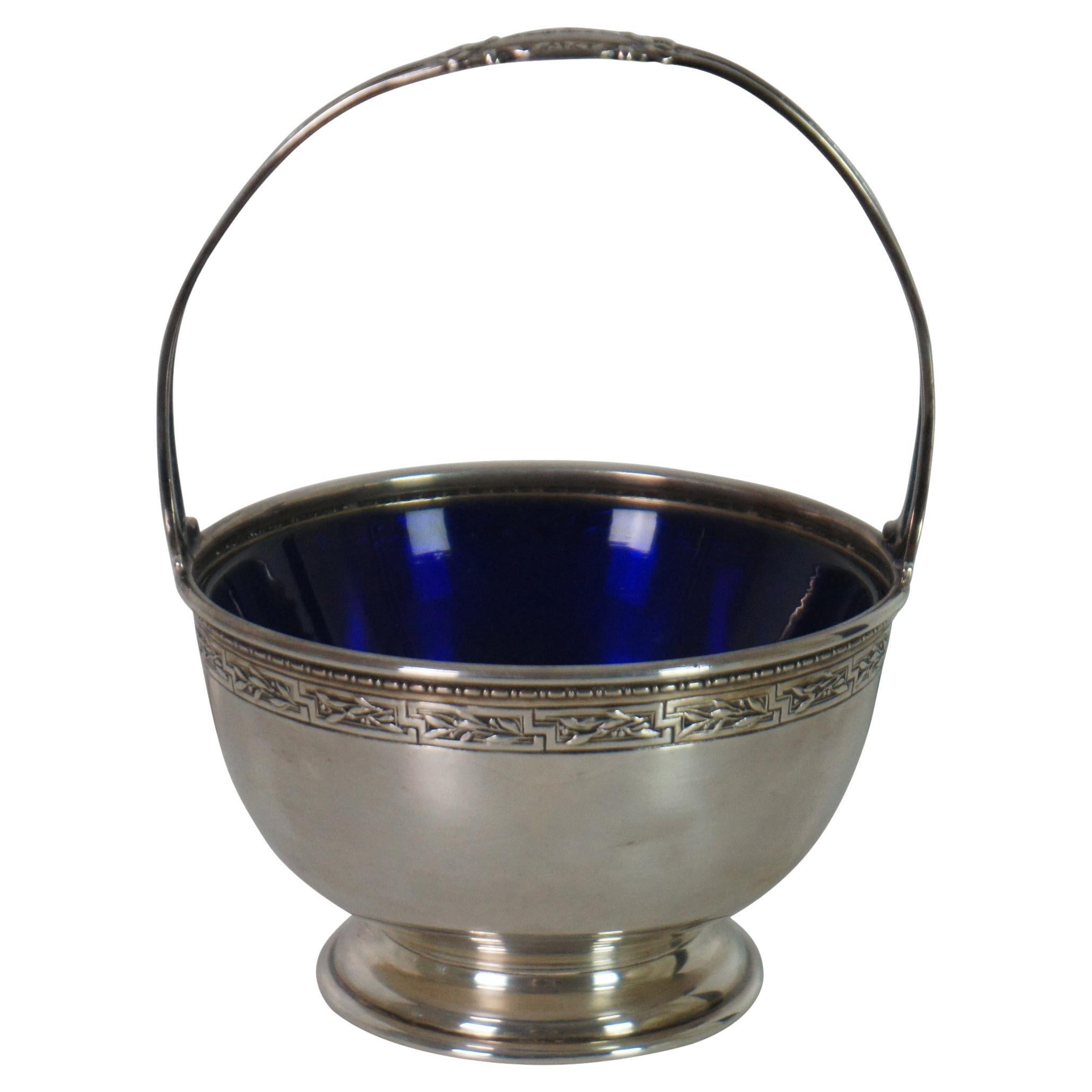 Antique Gorham Sterling Silver 925 Basket Bowl Compote Cobalt Blue Glass