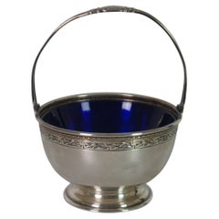 Antique Gorham Sterling Silver 925 Basket Bowl Compote Cobalt Blue Glass