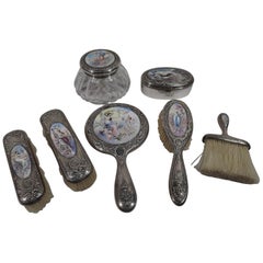 Antique Gorham Sterling Silver and Enamel Classical Goddess Vanity Set