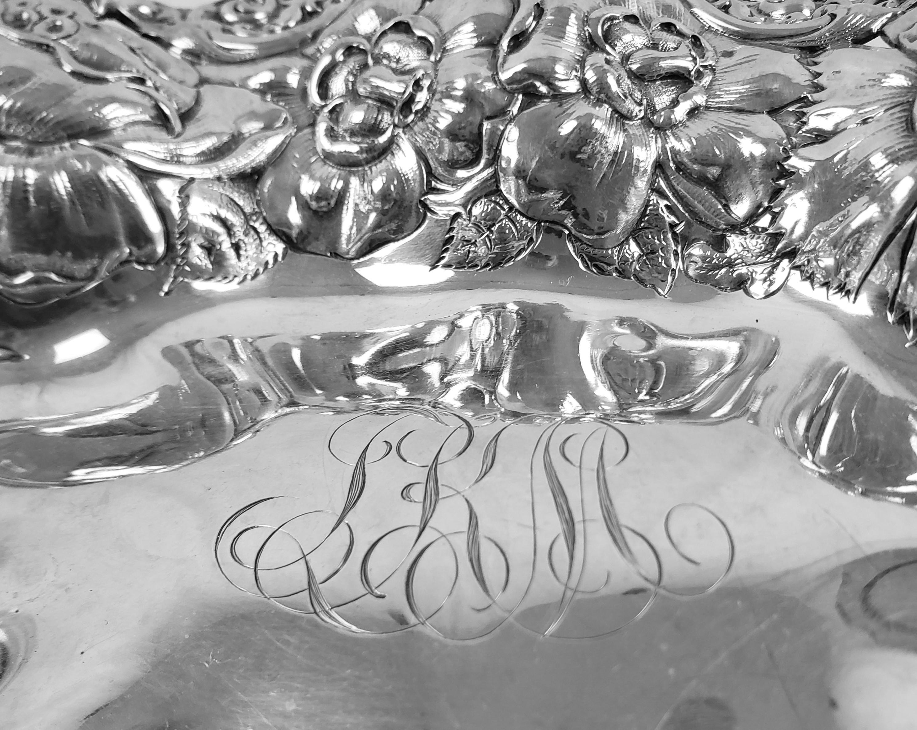 Antique Gorham Sterling Silver Bowl with Ornate Chased Floral Decoration For Sale 2