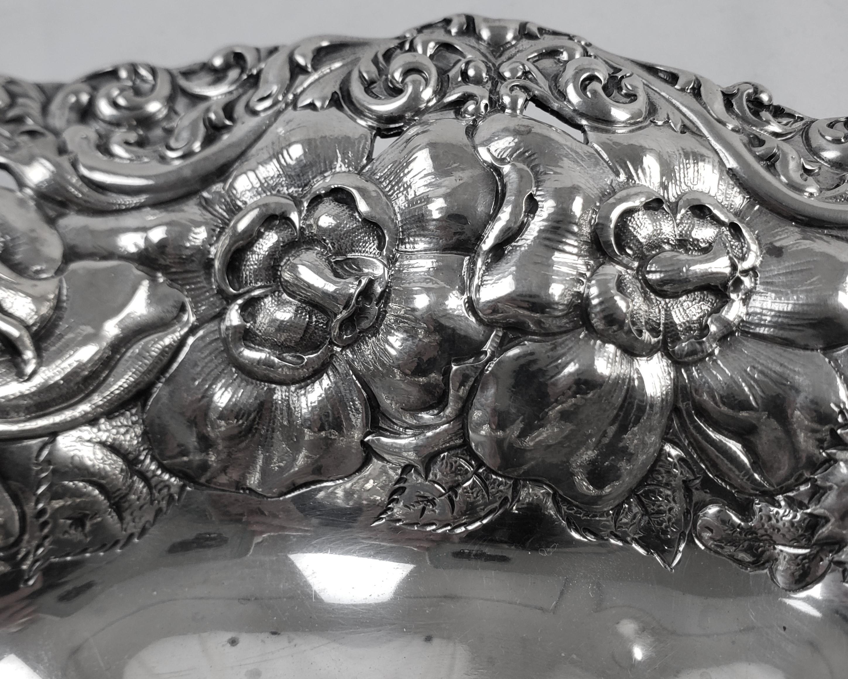 Antique Gorham Sterling Silver Bowl with Ornate Chased Floral Decoration For Sale 4