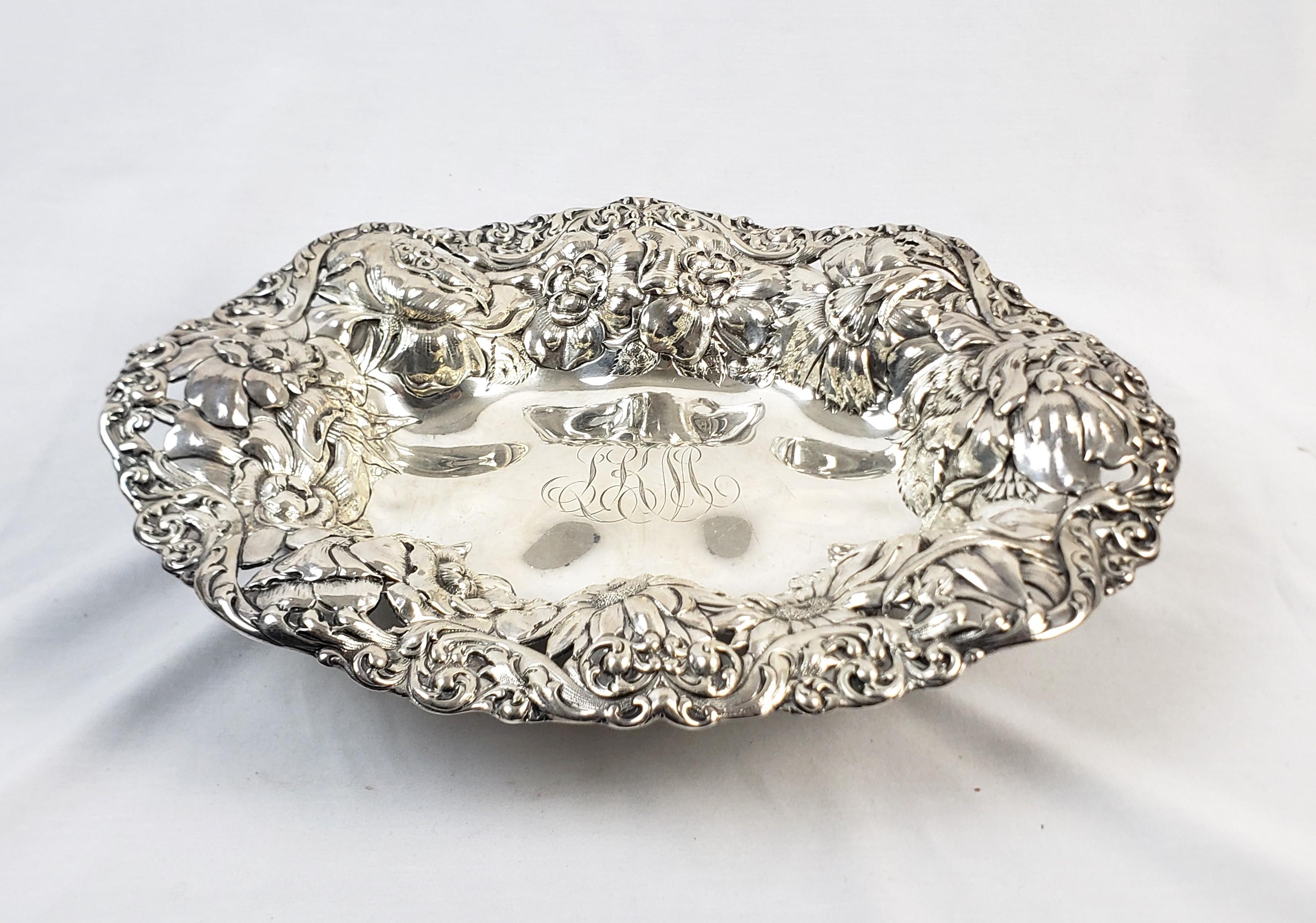 Victorian Antique Gorham Sterling Silver Bowl with Ornate Chased Floral Decoration For Sale