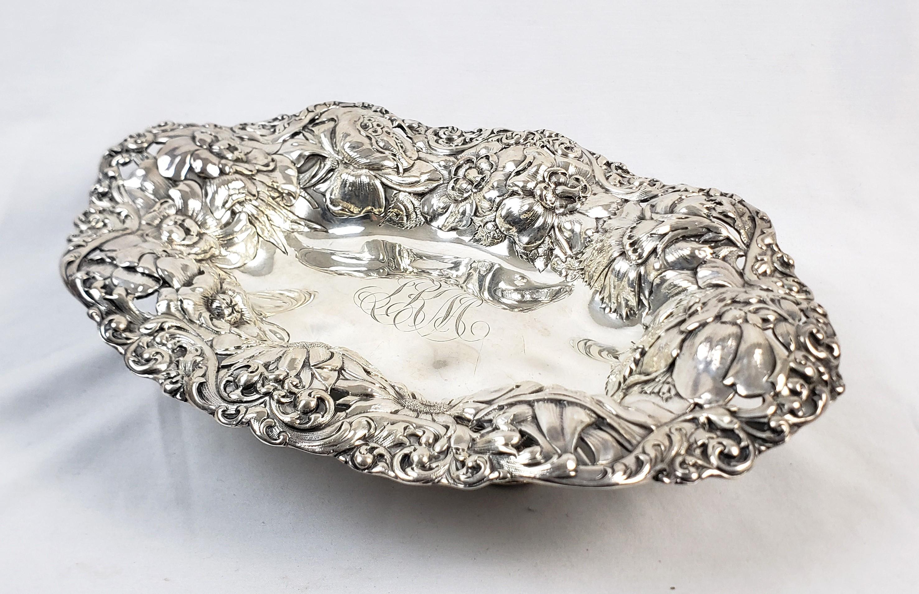 Victorian Antique Gorham Sterling Silver Bowl with Ornate Chased Floral Decoration For Sale