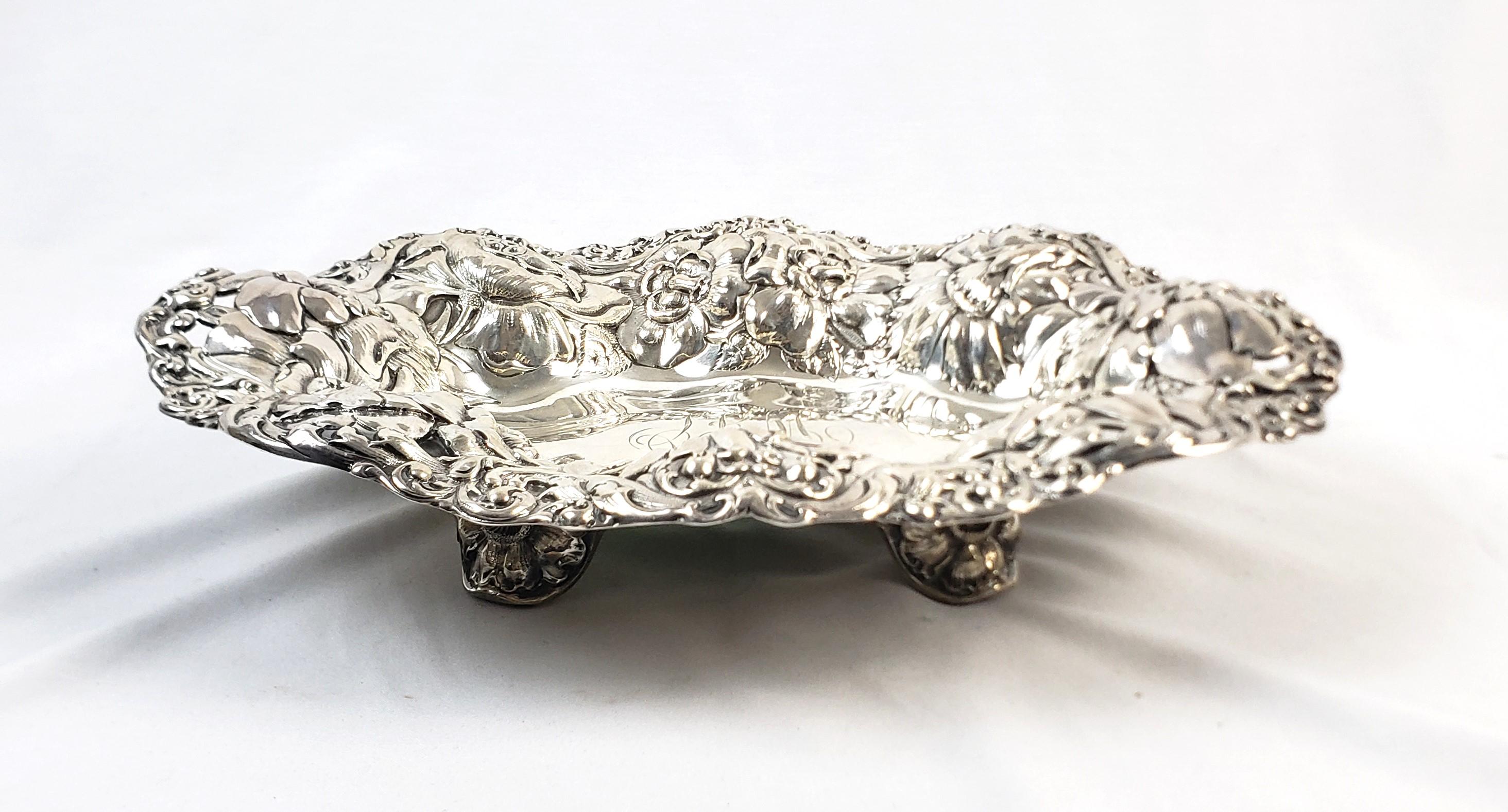 Hand-Crafted Antique Gorham Sterling Silver Bowl with Ornate Chased Floral Decoration For Sale