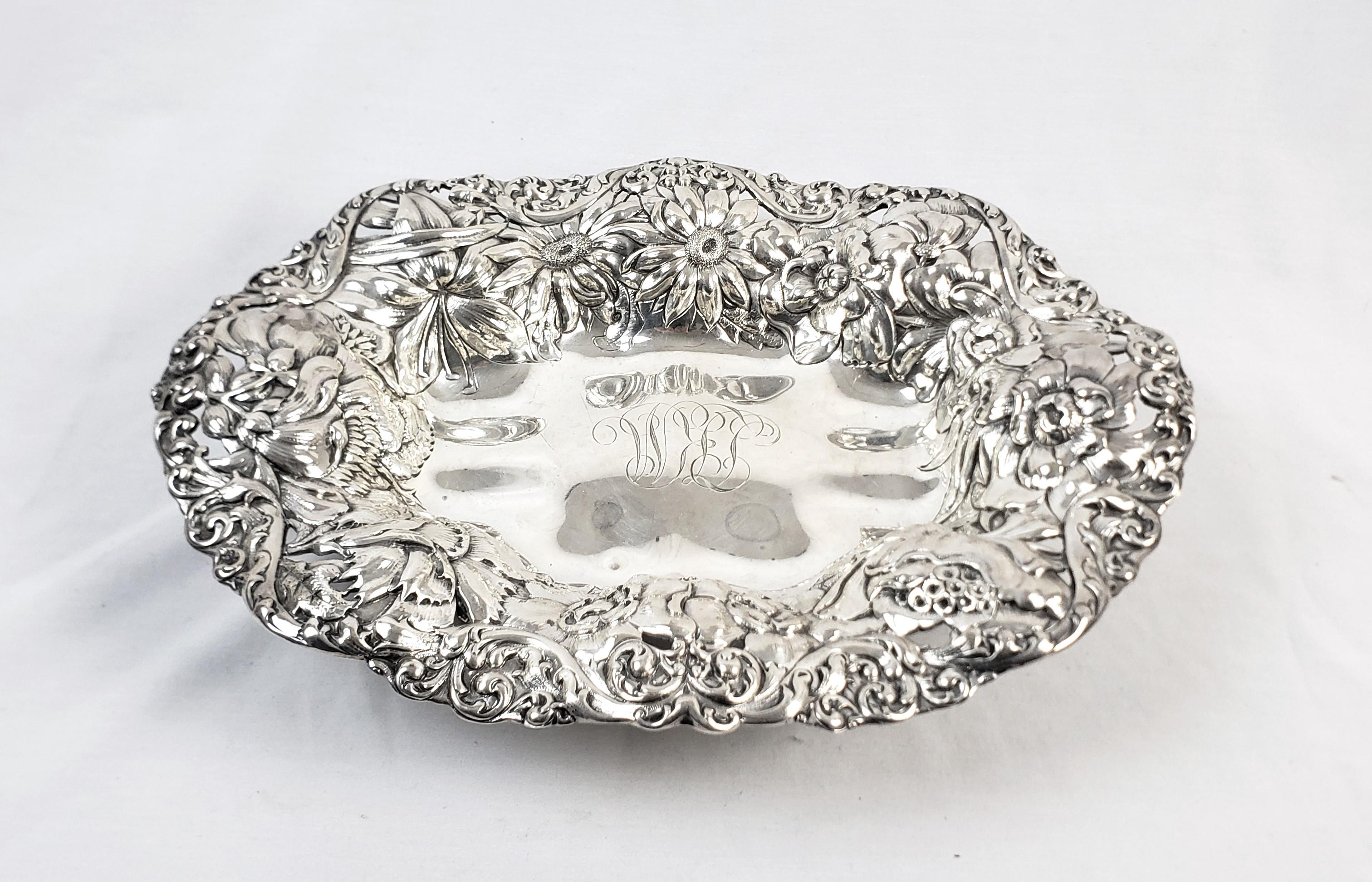 20th Century Antique Gorham Sterling Silver Bowl with Ornate Chased Floral Decoration For Sale