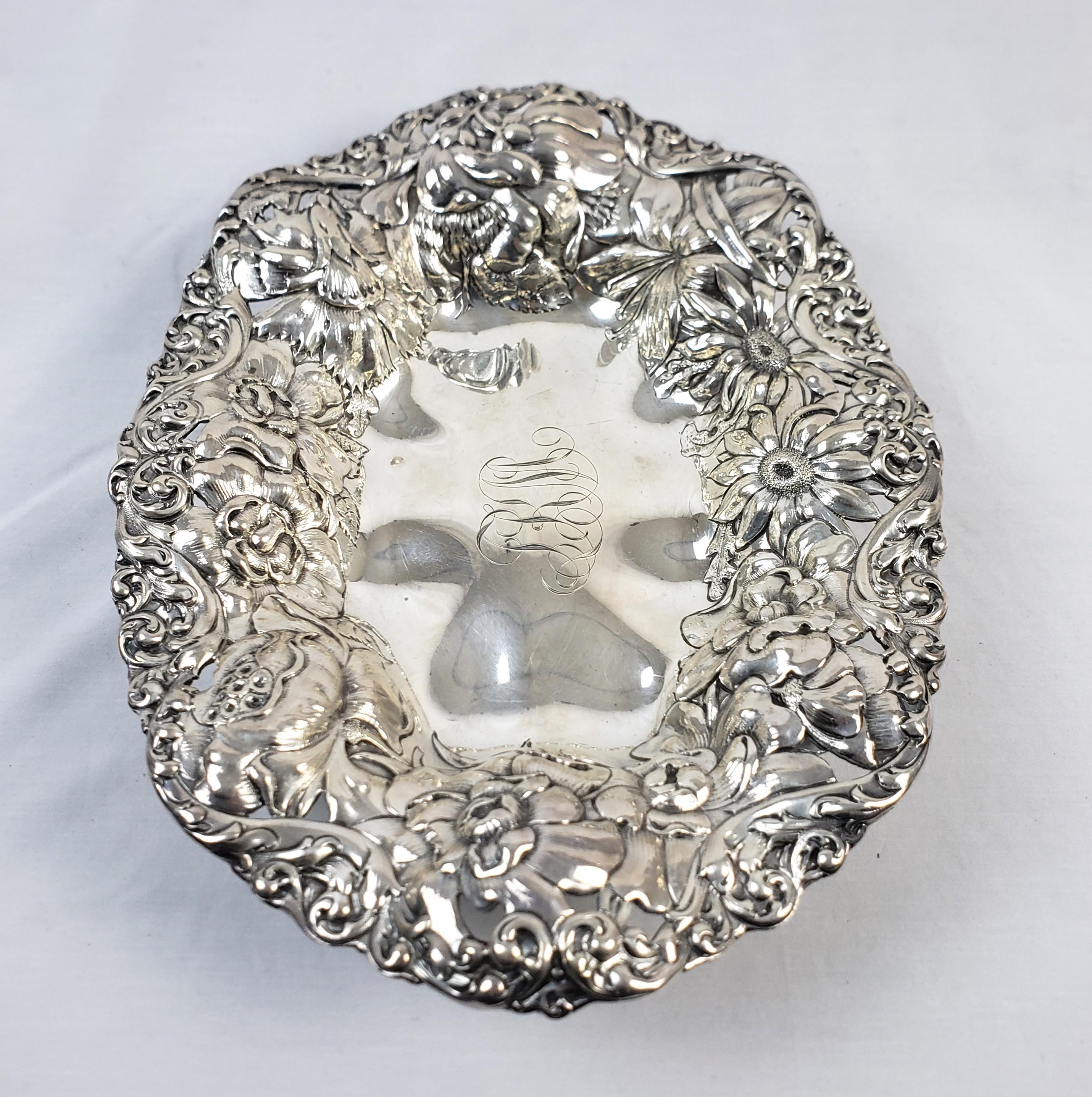 20th Century Antique Gorham Sterling Silver Bowl with Ornate Chased Floral Decoration For Sale