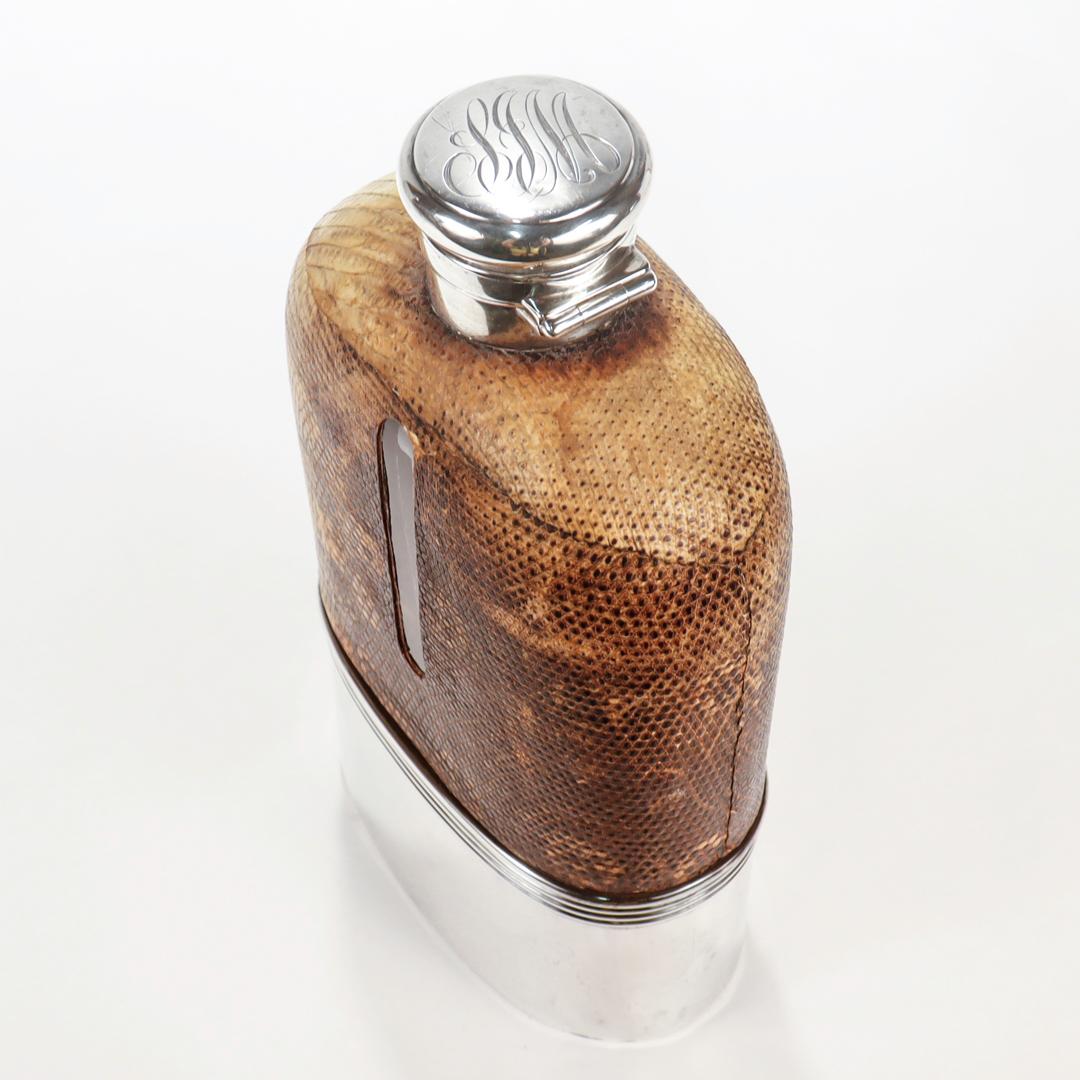 Antique Gorham Sterling Silver & Leather Covered Glass Safari Liquor Pint Flask  For Sale 3