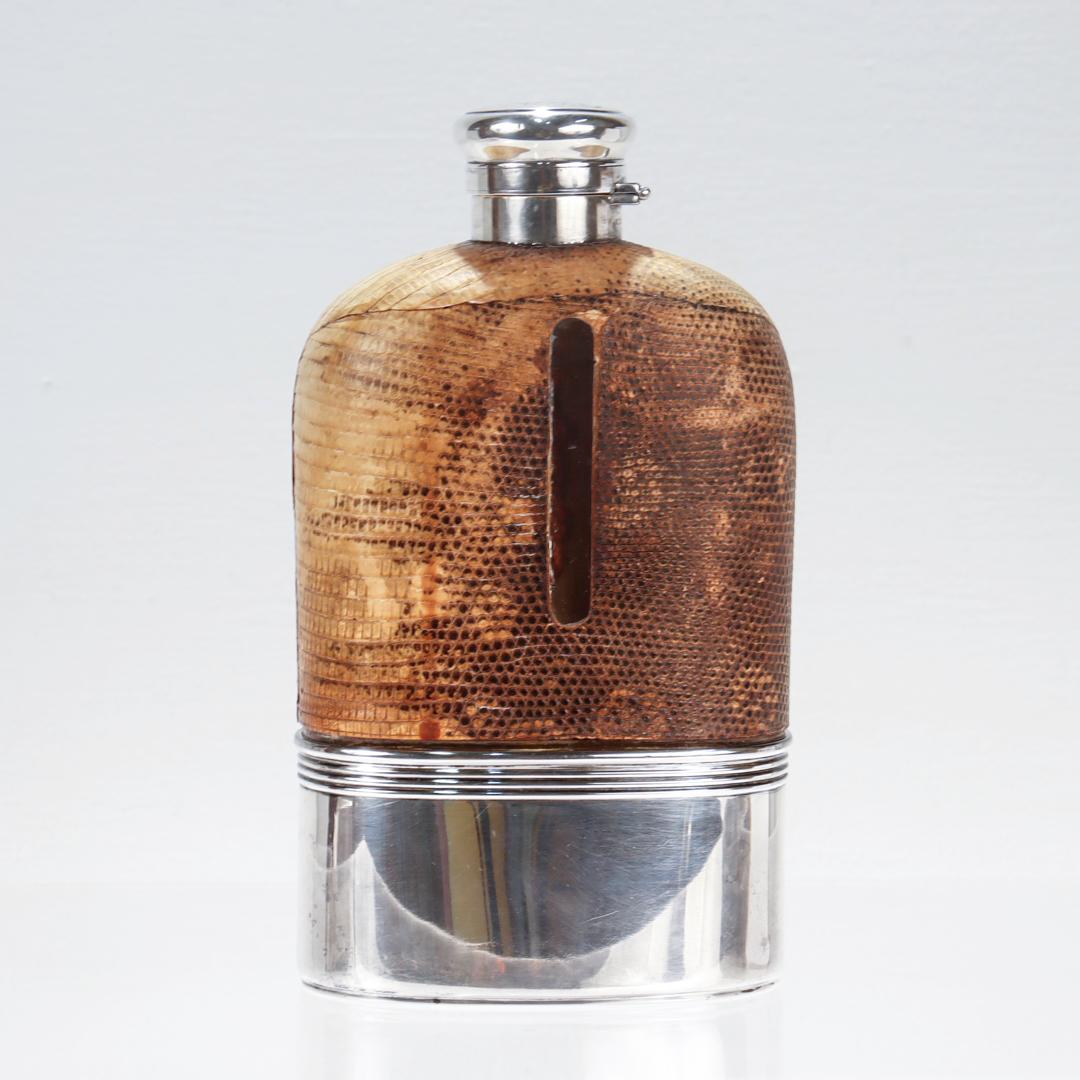 Antique Gorham Sterling Silver & Leather Covered Glass Safari Liquor Pint Flask  In Good Condition For Sale In Philadelphia, PA