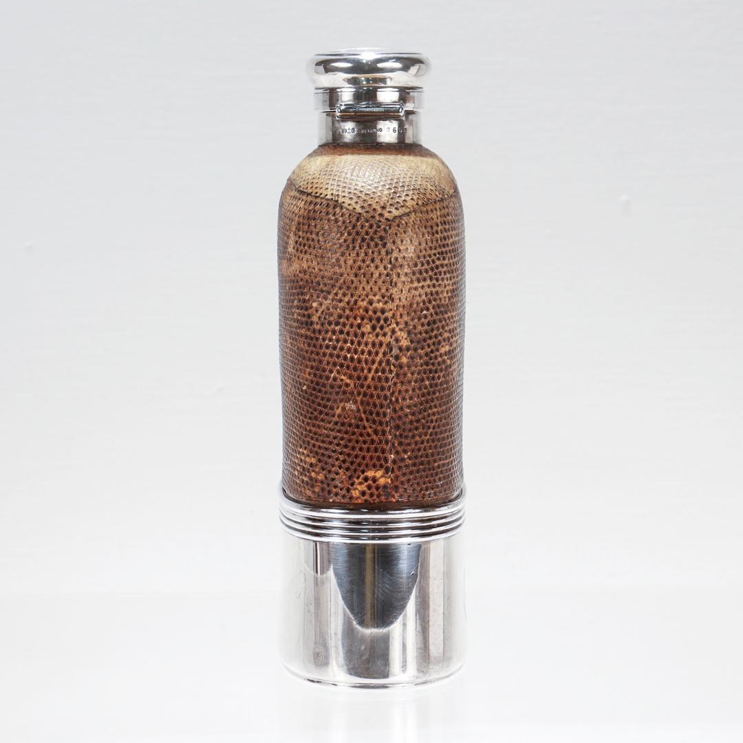 Women's or Men's Antique Gorham Sterling Silver & Leather Covered Glass Safari Liquor Pint Flask  For Sale