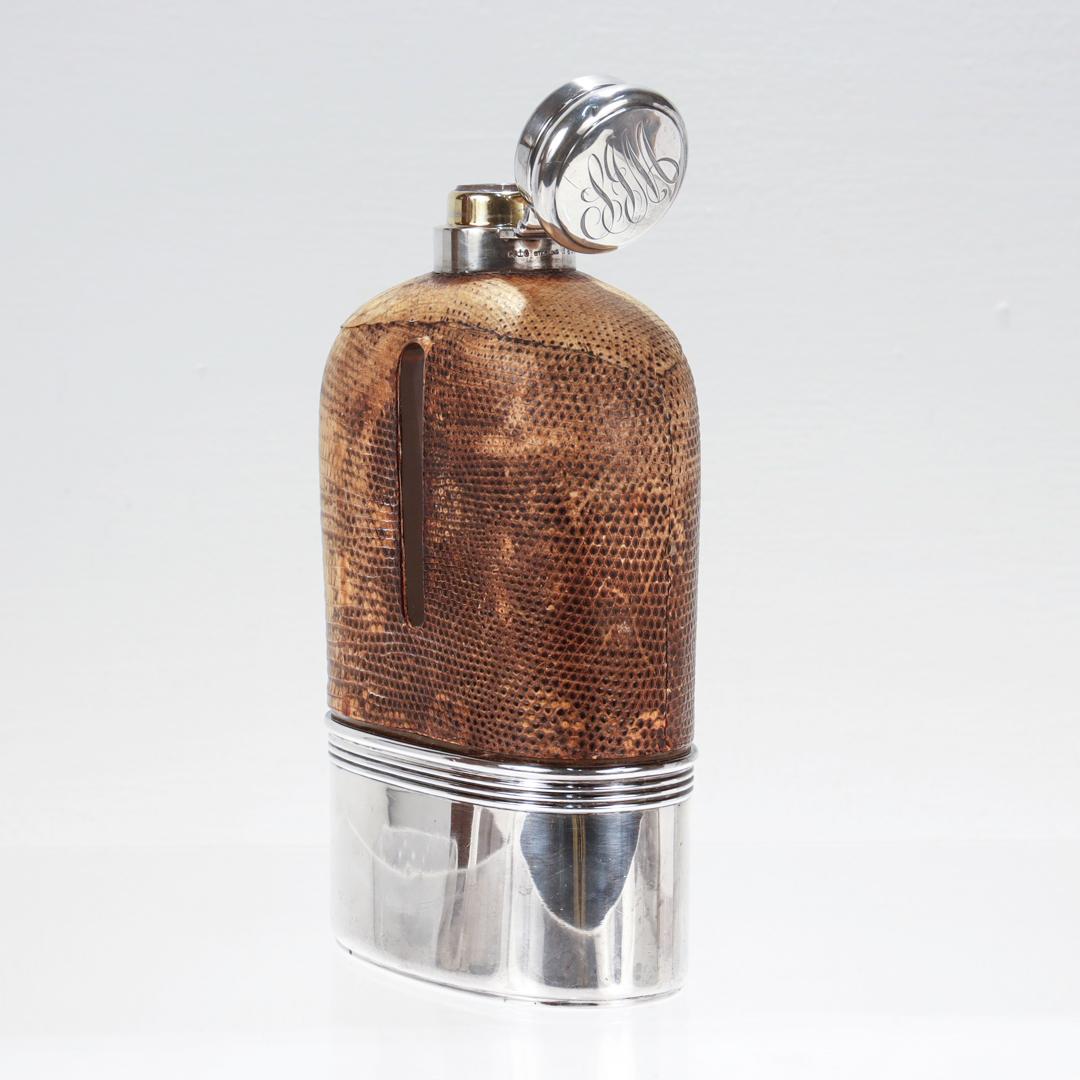 Antique Gorham Sterling Silver & Leather Covered Glass Safari Liquor Pint Flask  For Sale 1