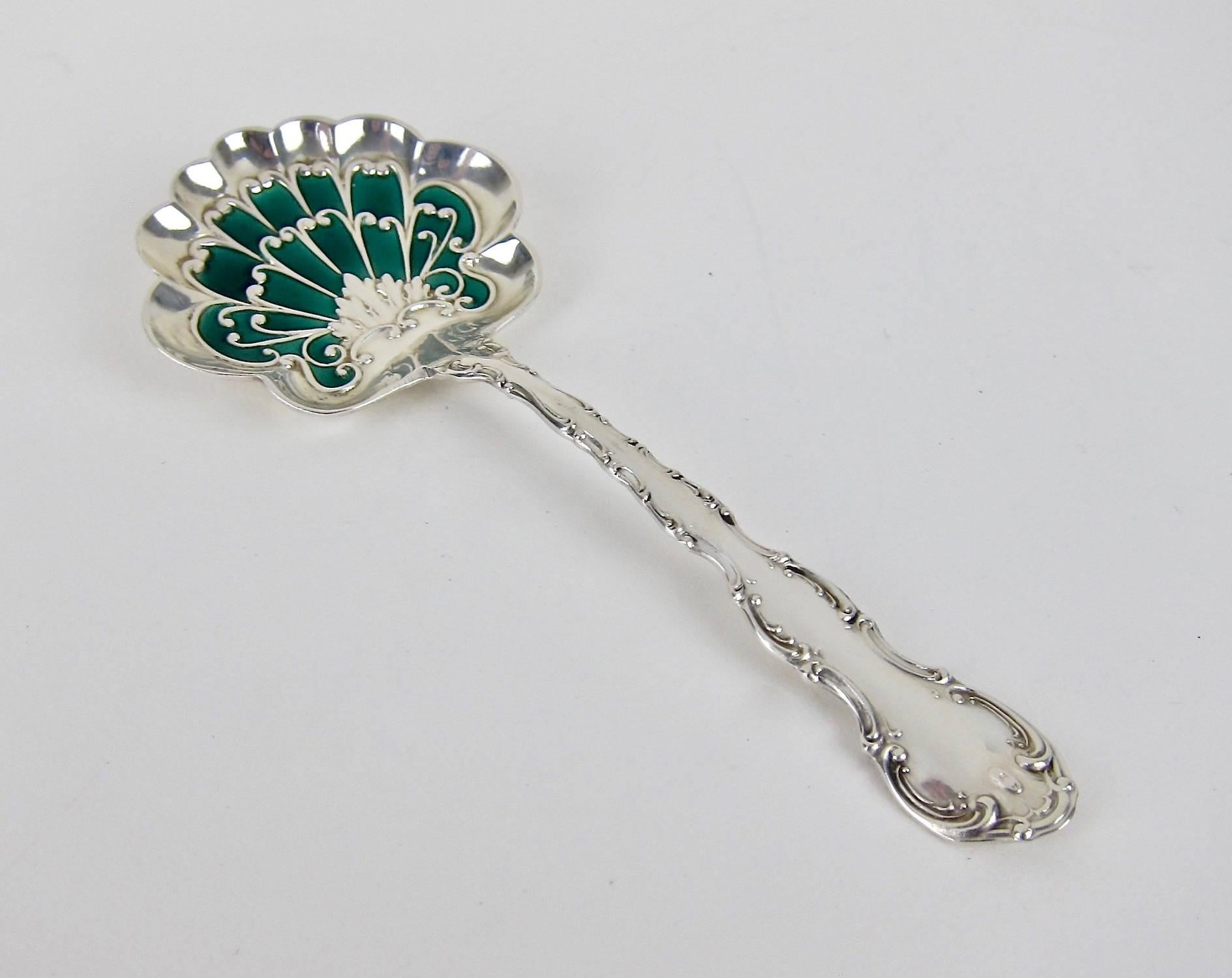 Antique Gorham Strasbourg Sterling Silver Bon Bon Spoon with Green Enamel 2