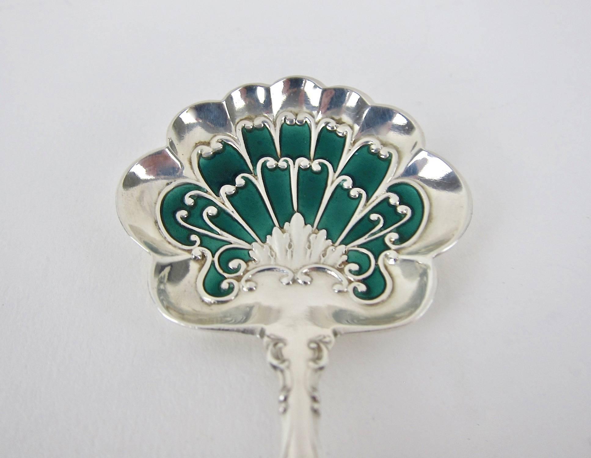 Rococo Antique Gorham Strasbourg Sterling Silver Bon Bon Spoon with Green Enamel