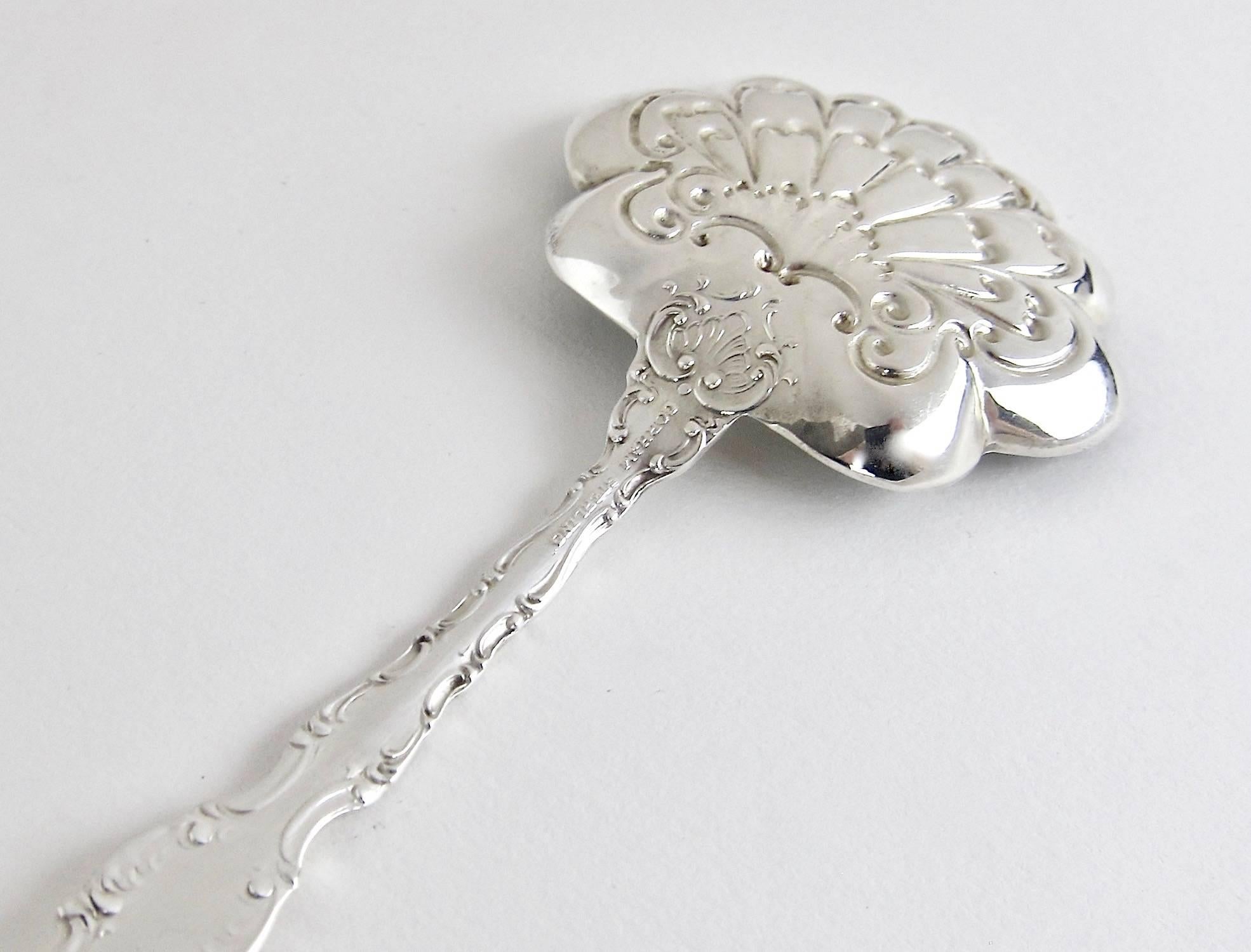 Antique Gorham Strasbourg Sterling Silver Bon Bon Spoon with Green Enamel In Good Condition In Los Angeles, CA