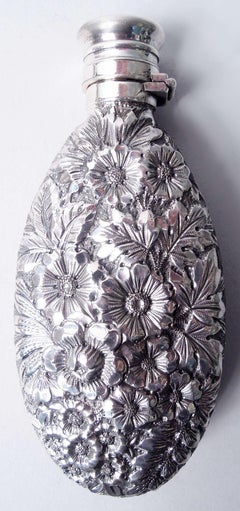 Antique Gorham Victorian Repousse Sterling Silver Flask, 1890