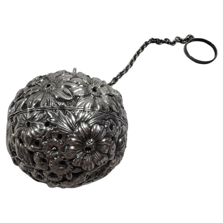 Antique Gorham Victorian Repousse Sterling Silver Tea Ball For Sale at