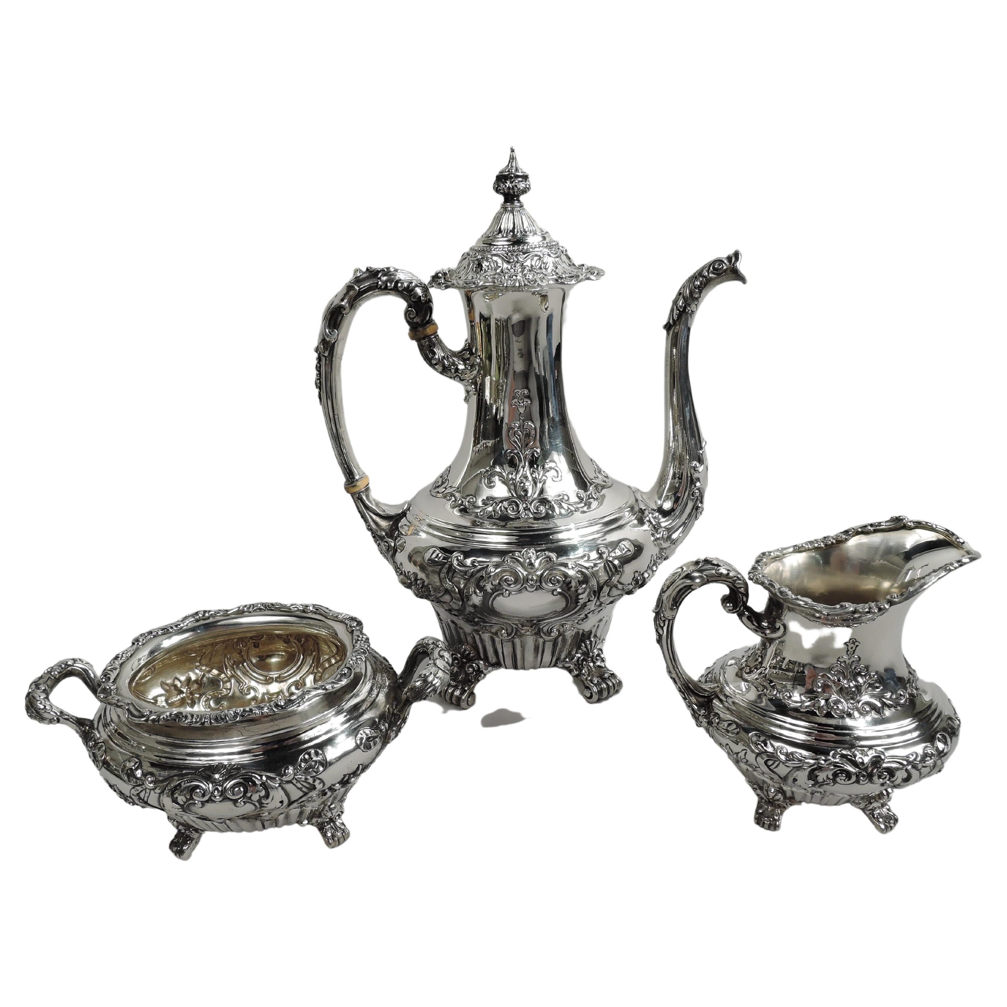 Antique Gorham Victorian Rococo Sterling Silver 3-Piece Coffee Set