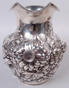 Antique Gorham Victorian Water Pitcher with Floral Repousse, 1887