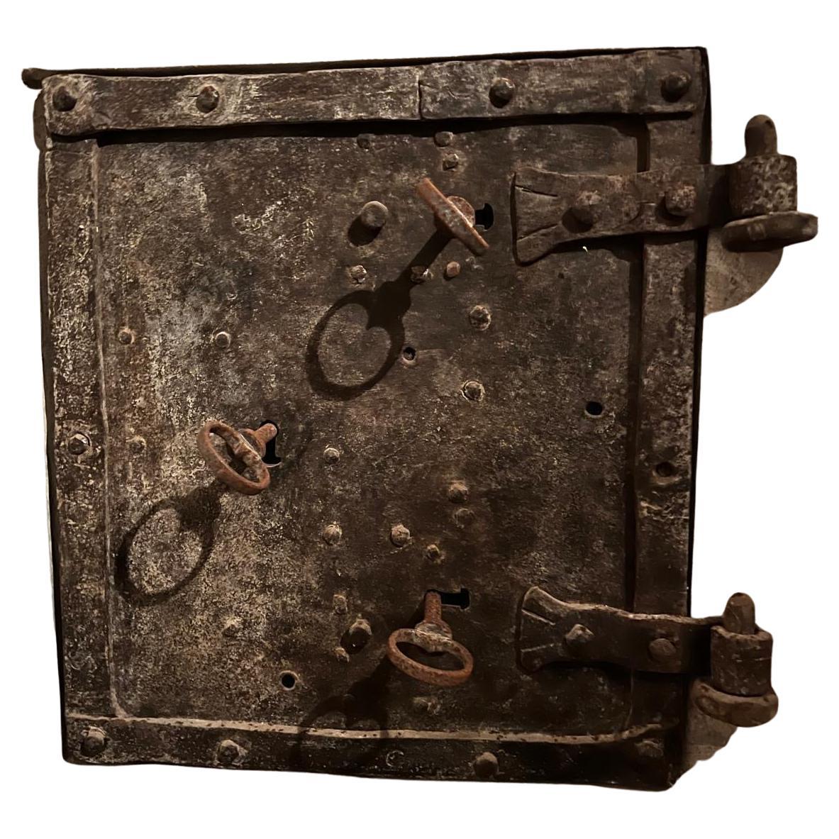 Antique Gothic 16th C. Wrought Iron Safe Door with Three-Key Locking System For Sale