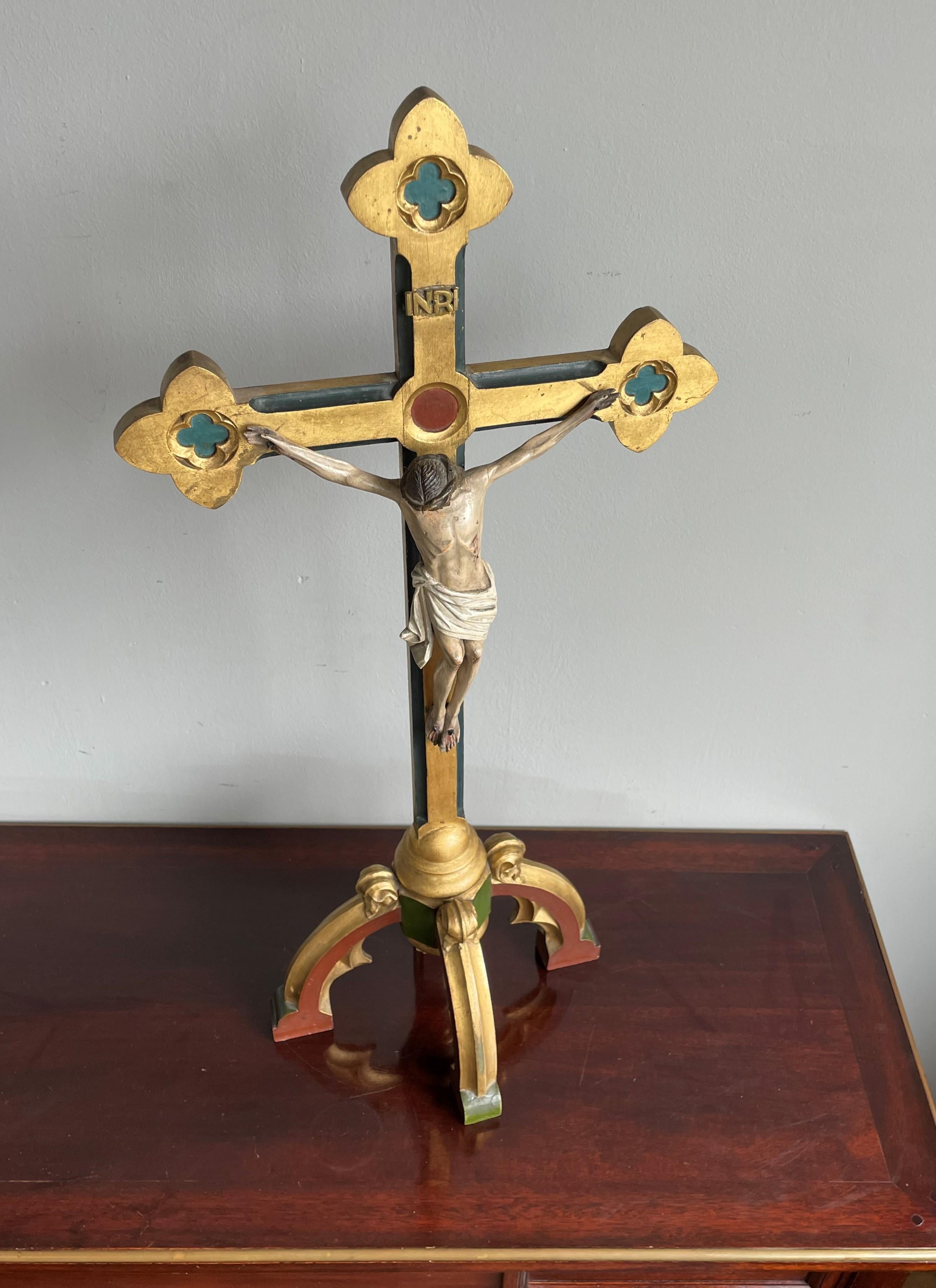 19th Century Antique Gothic Altar Table Crucifix W. Hand Carved Gilt Cross & Corpus of Christ For Sale