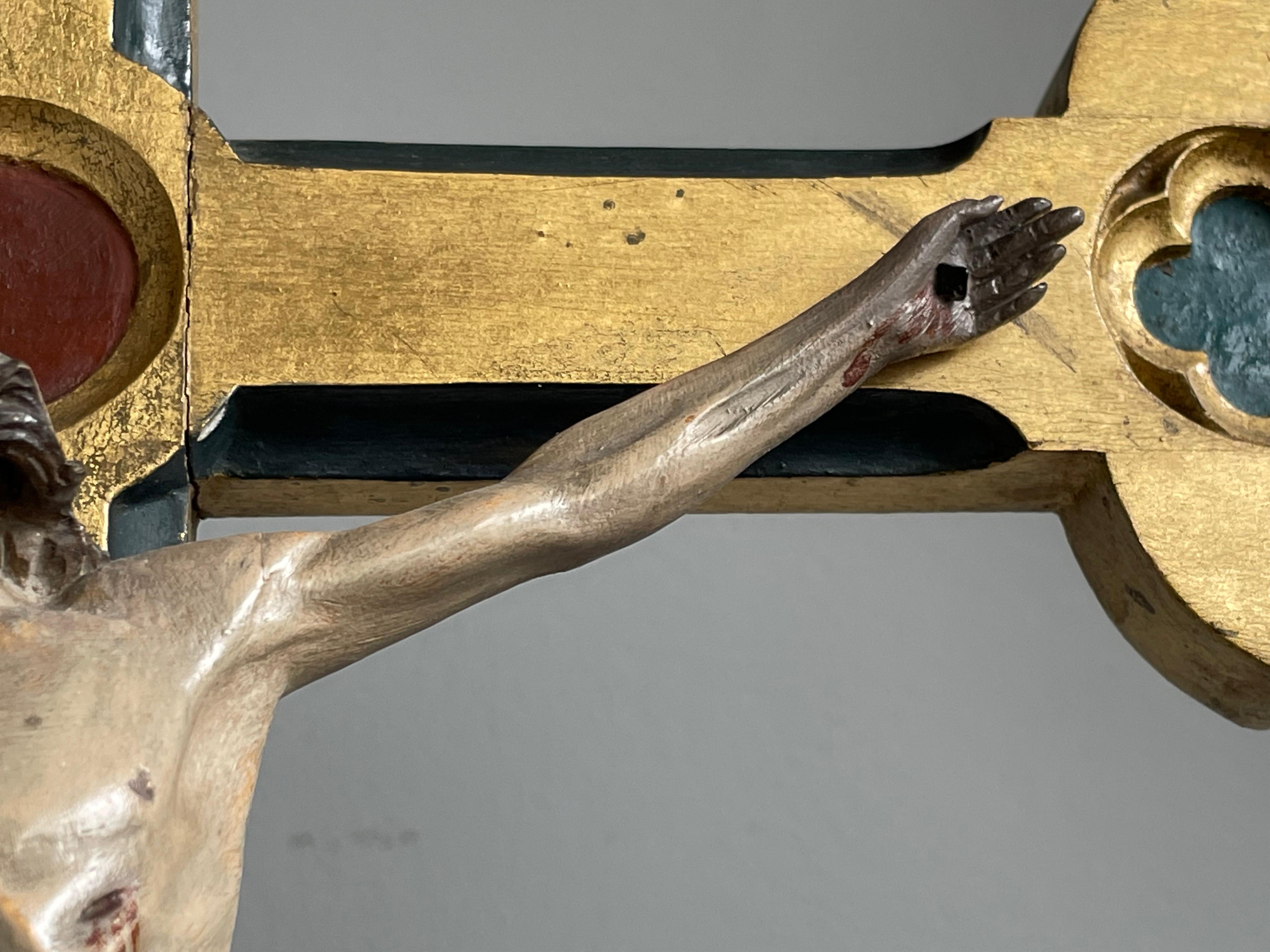 Brass Antique Gothic Altar Table Crucifix W. Hand Carved Gilt Cross & Corpus of Christ For Sale