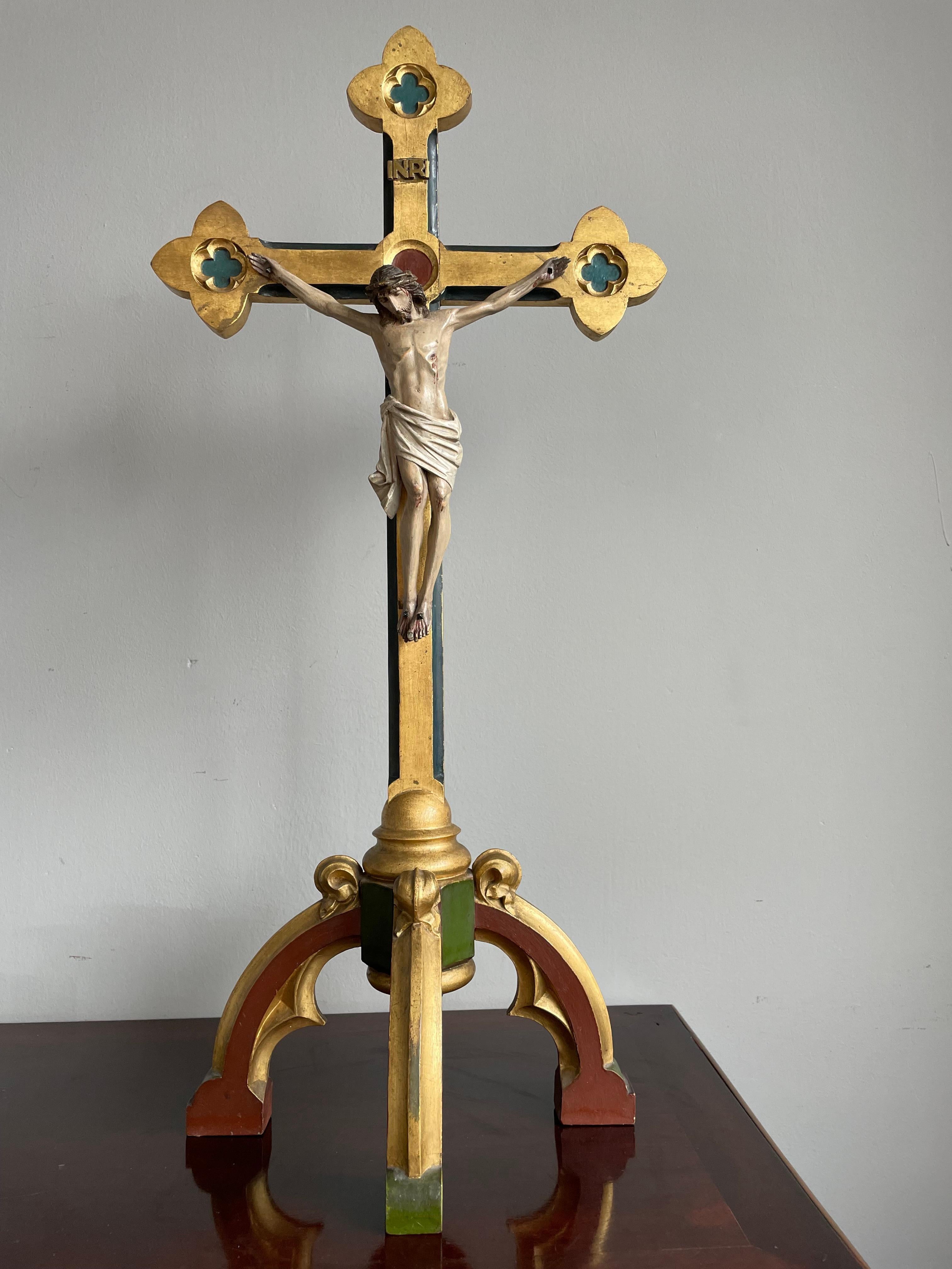 Antique Gothic Altar Table Crucifix W. Hand Carved Gilt Cross & Corpus of Christ For Sale 5