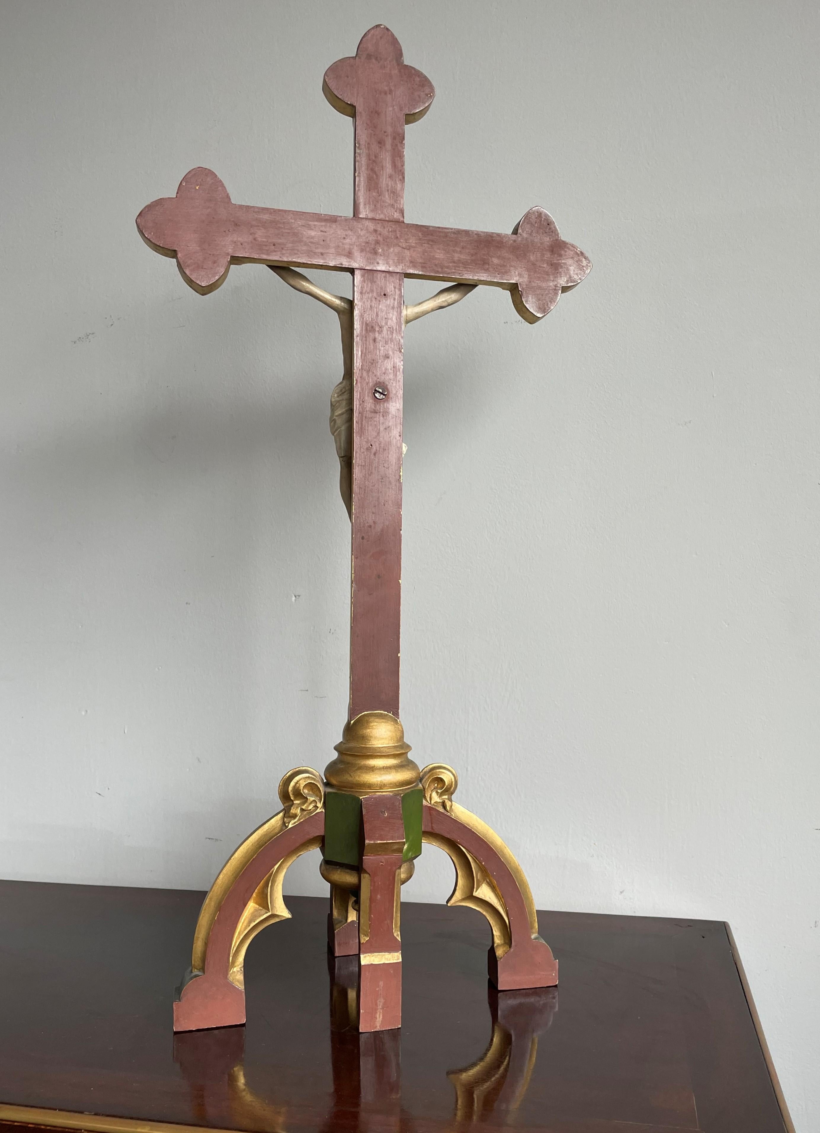 Antique Gothic Altar Table Crucifix W. Hand Carved Gilt Cross & Corpus of Christ For Sale 8