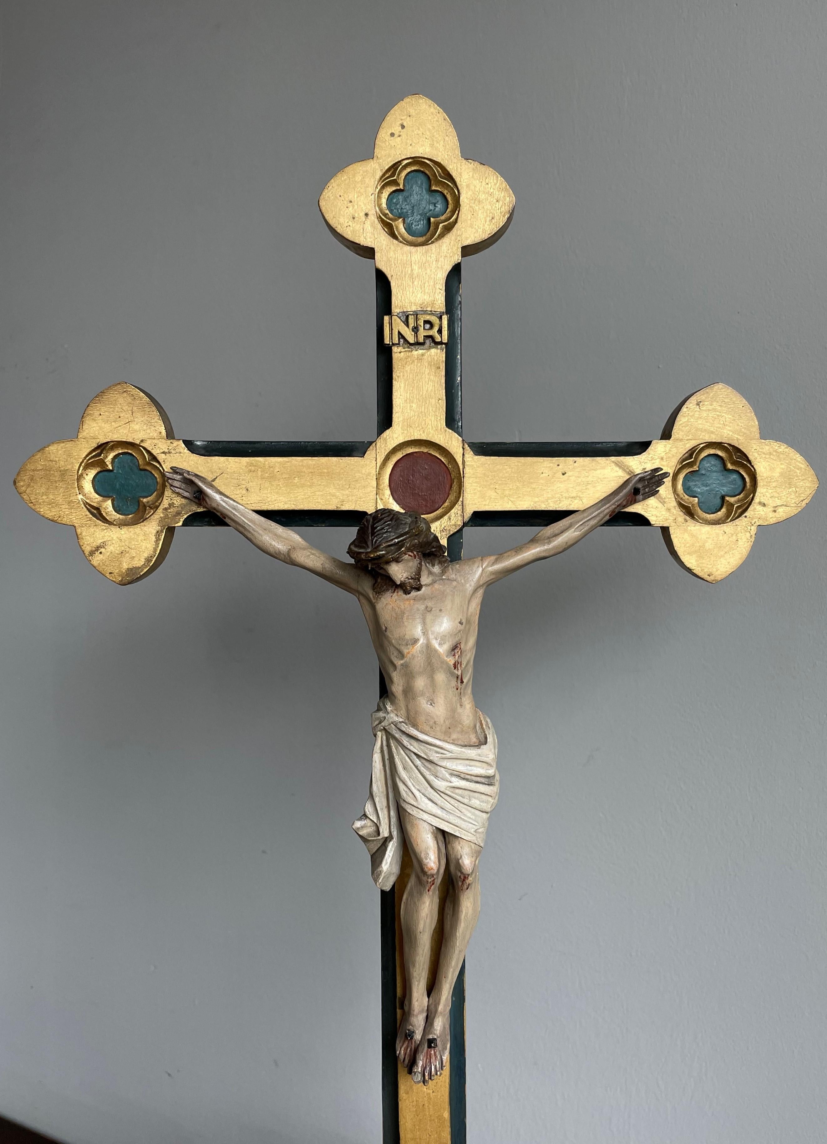 Perfectly hand crafted and great condition antique, Gothic church, wooden altar crucifix.

This beautifully handcrafted, former church crucifix for table placement is a real eyecatcher, but its deeper meaning ofcourse makes this religious relic the