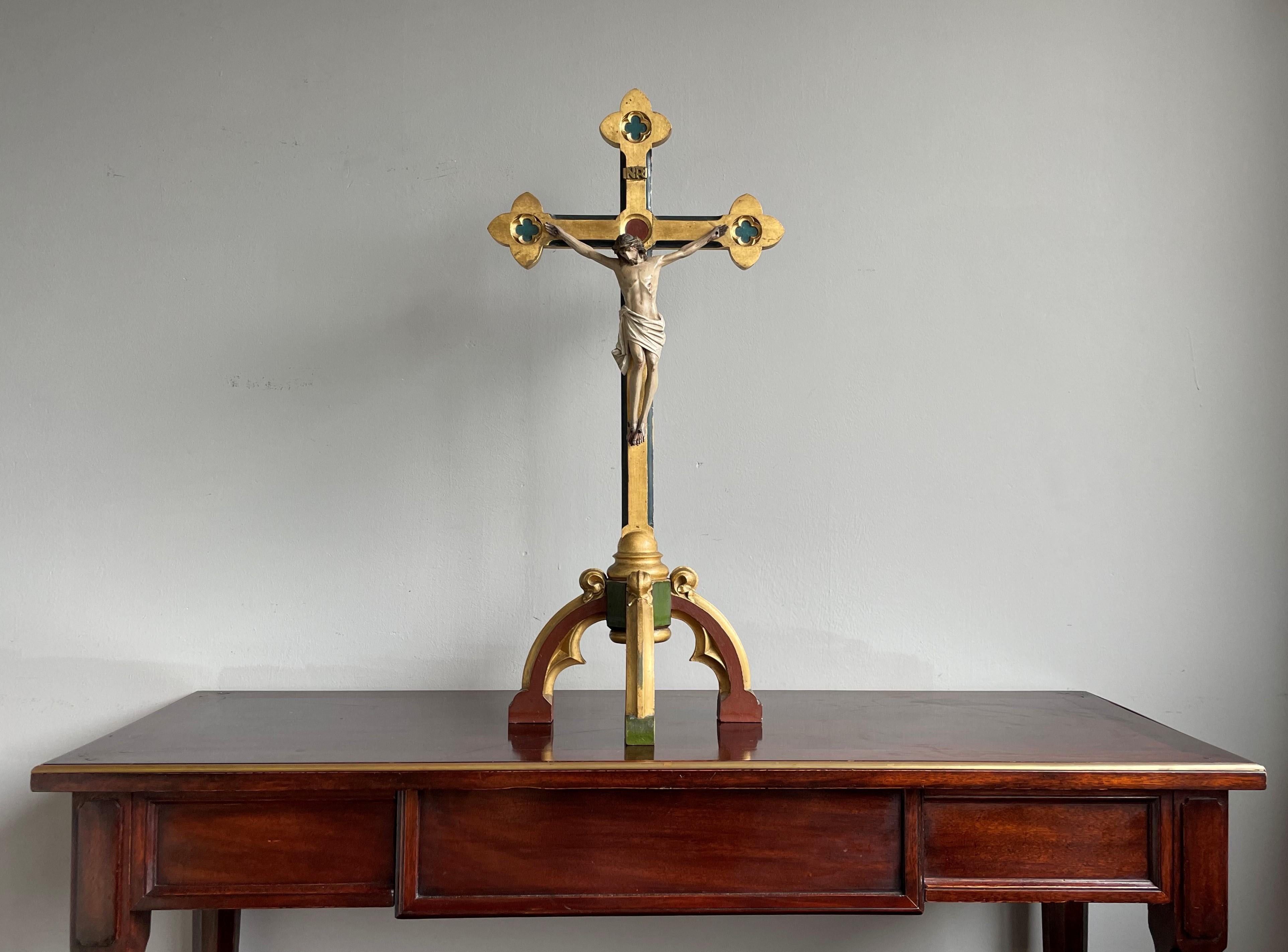 Antique Gothic Altar Table Crucifix W. Hand Carved Gilt Cross & Corpus of Christ For Sale 9