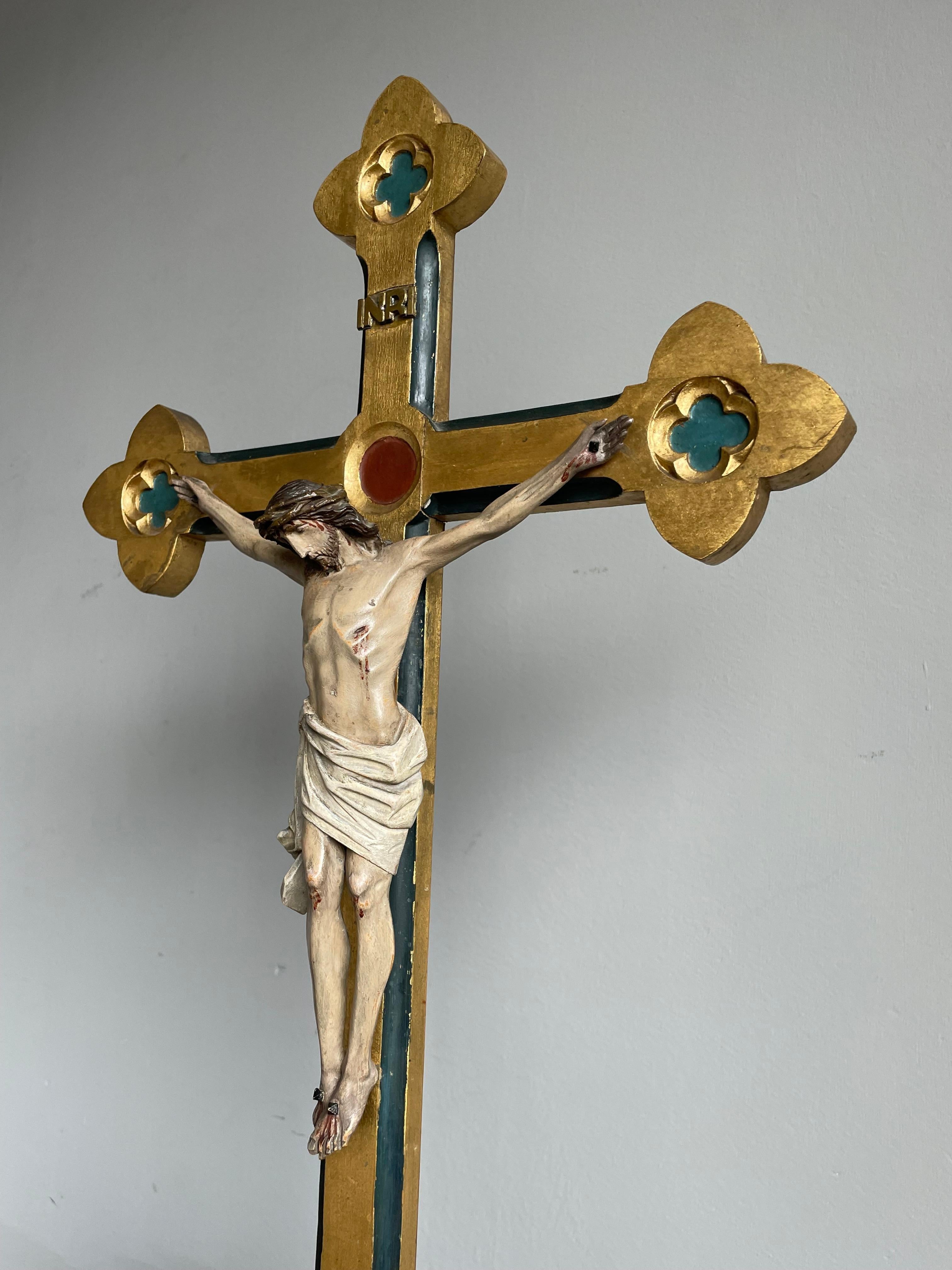 Gothic Revival Antique Gothic Altar Table Crucifix W. Hand Carved Gilt Cross & Corpus of Christ For Sale