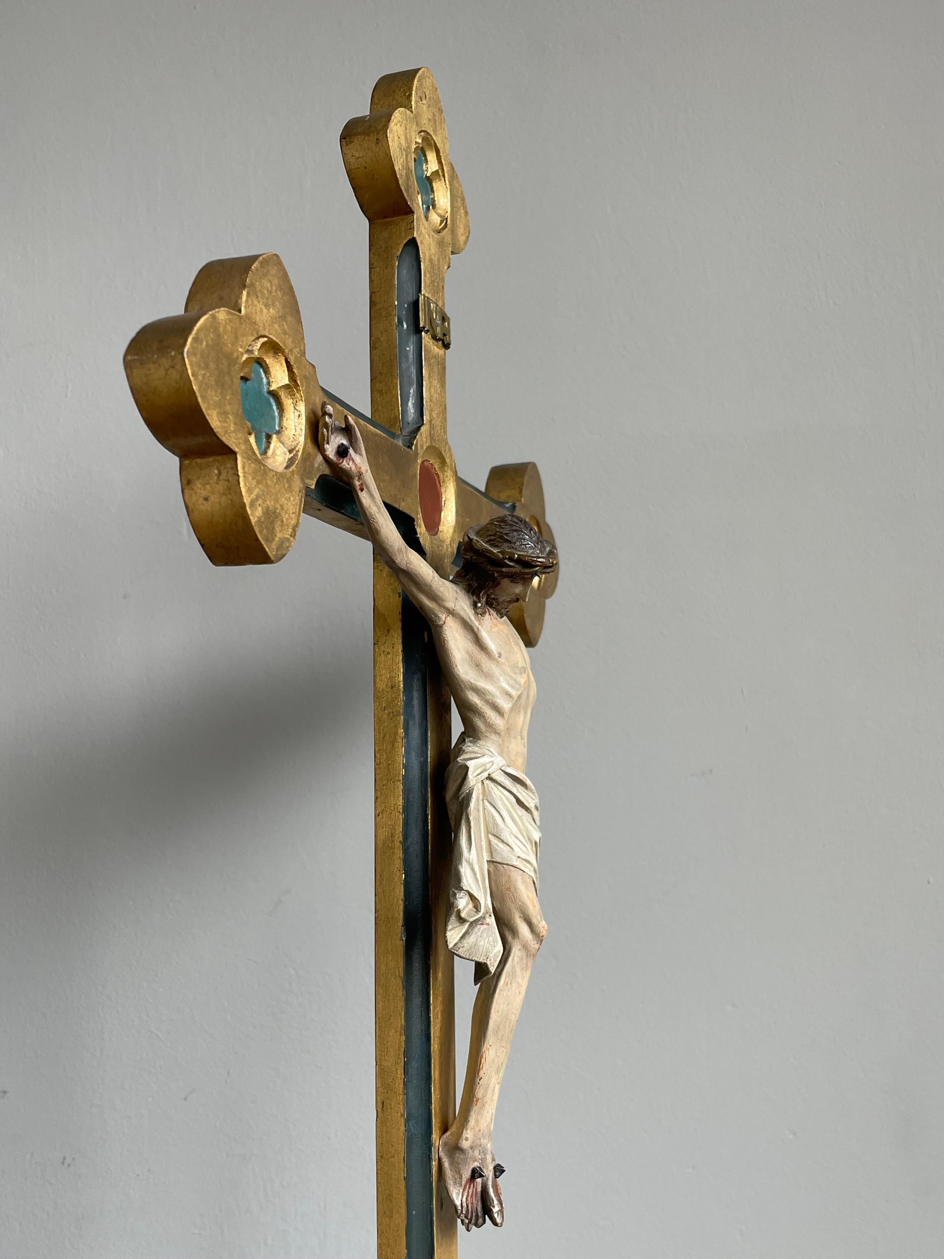 European Antique Gothic Altar Table Crucifix W. Hand Carved Gilt Cross & Corpus of Christ For Sale