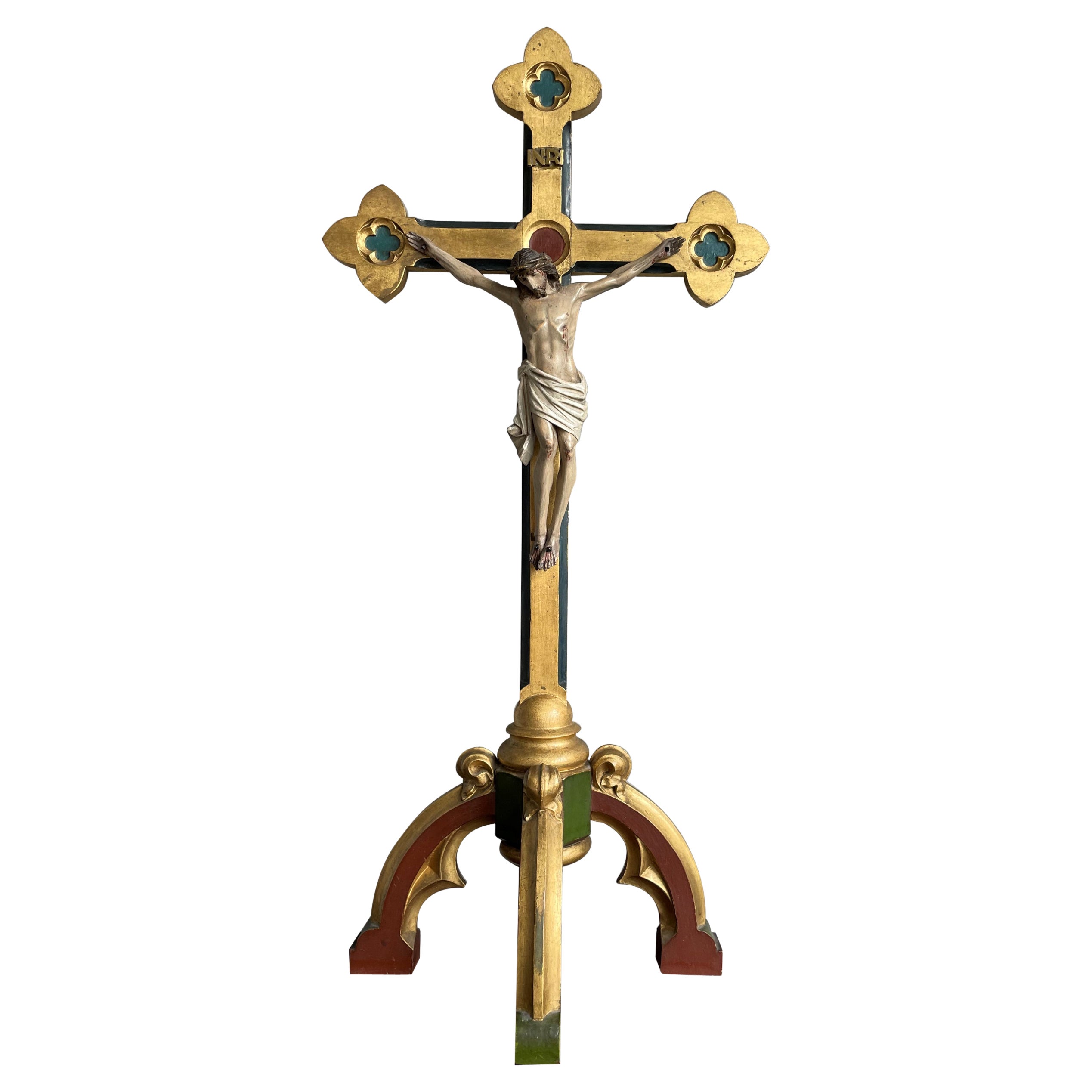 Antique Gothic Altar Table Crucifix W. Hand Carved Gilt Cross & Corpus of Christ
