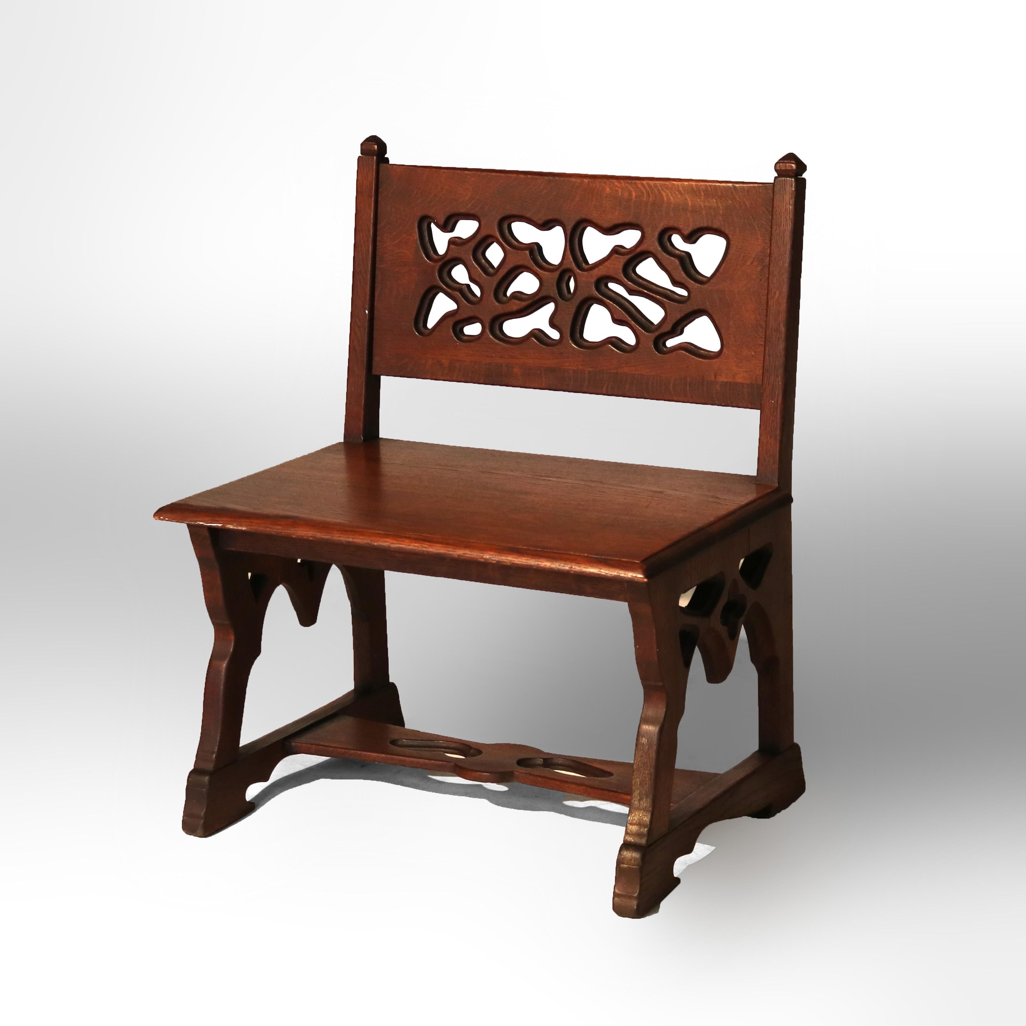 Antique Gothic Arts & Crafts Carved Oak Small Bench C1920.  
33 3/8