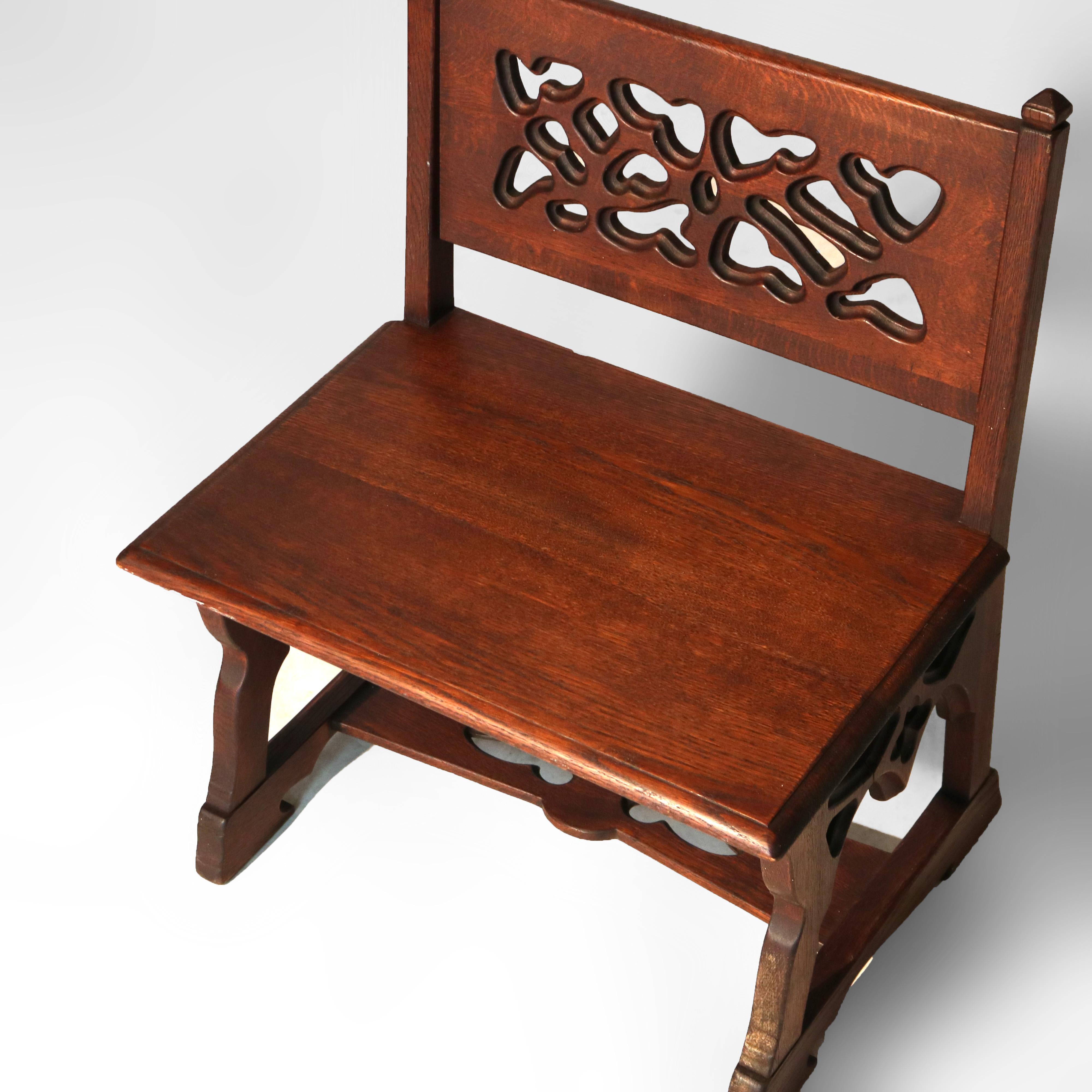 Antique Gothic Arts & Crafts Carved Oak Small Bench C1920 For Sale 1