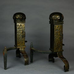 Antique Gothic Bradley & Hubbard School Brass Tower & Shield Andirons