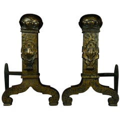 Antique Gothic Bradley & Hubbard School Brass Tower & Shield Andirons