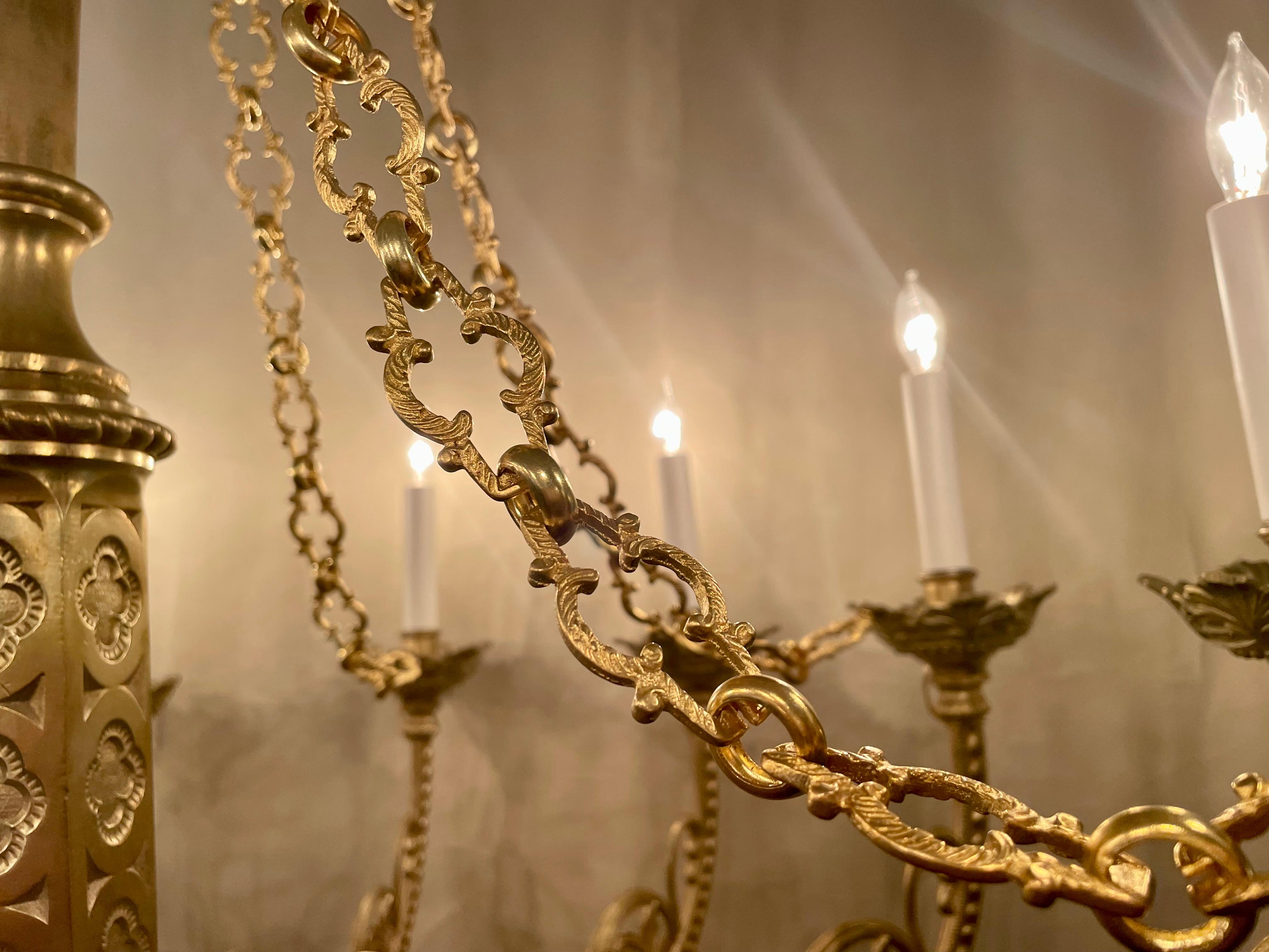 19th Century Antique Gothic Brass Chandelier with 12 Lights For Sale