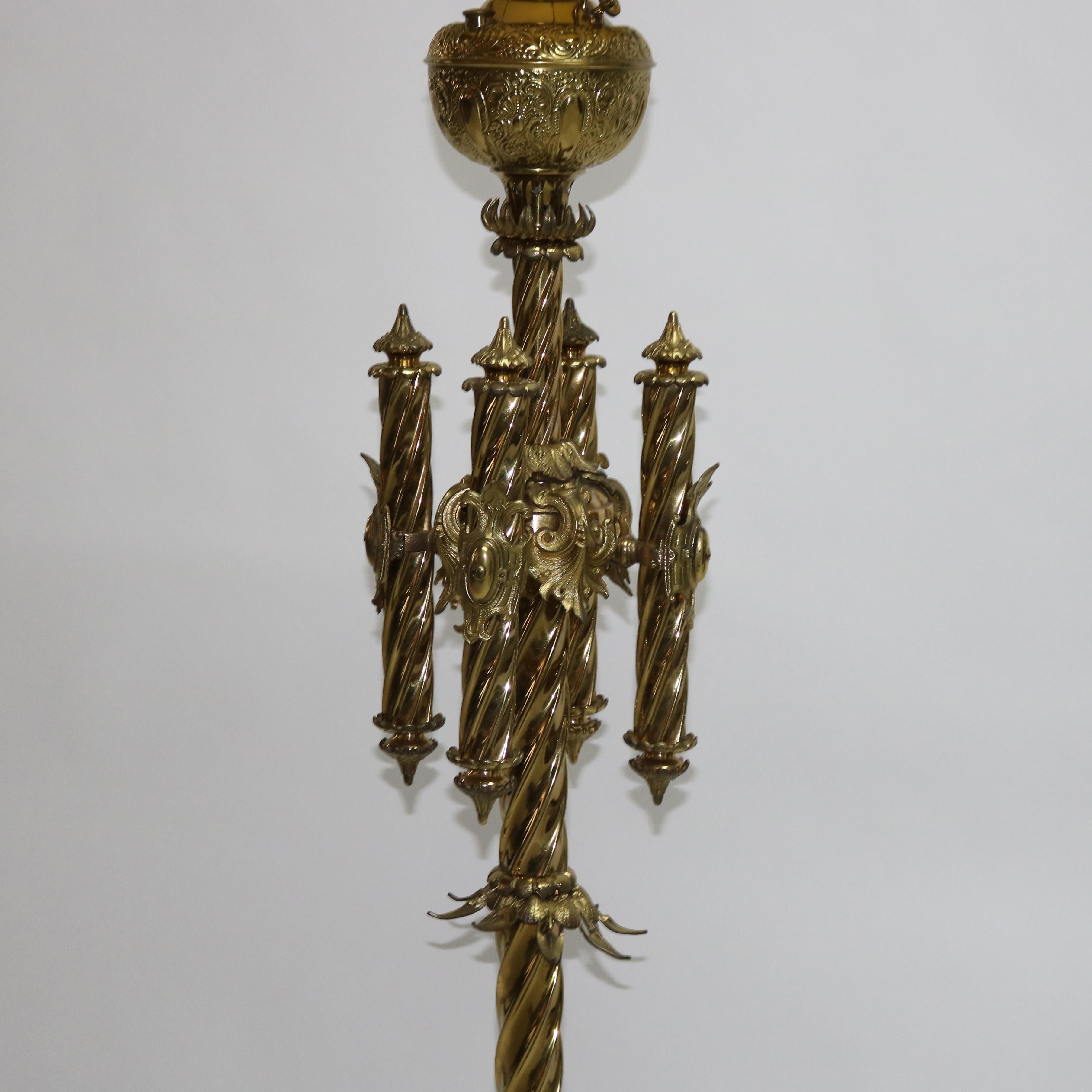 Antique Gothic Brass, Gilt Bronze & Cased Glass Figural Cherub Piano Lamp c1890 5