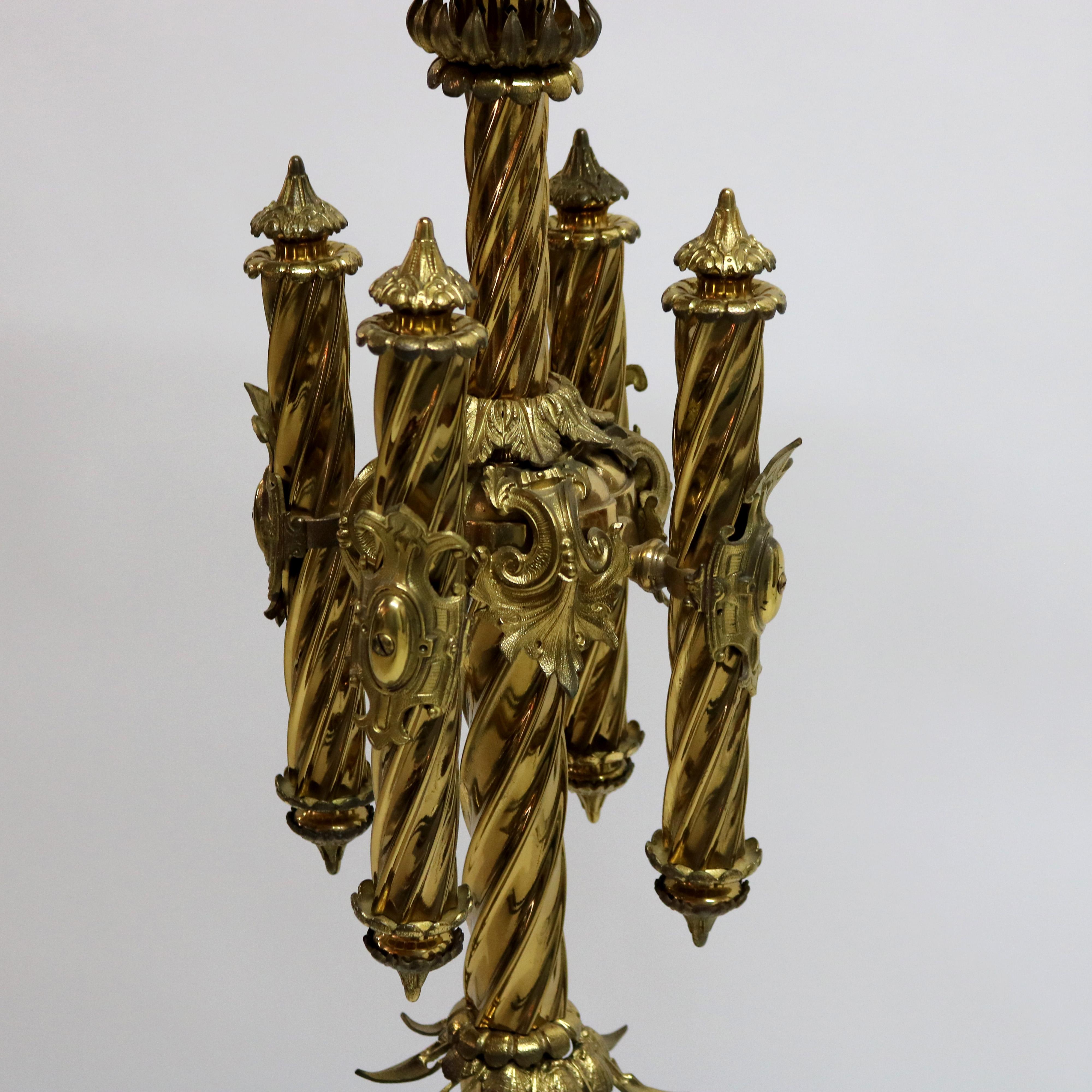 Antique Gothic Brass, Gilt Bronze & Cased Glass Figural Cherub Piano Lamp c1890 6